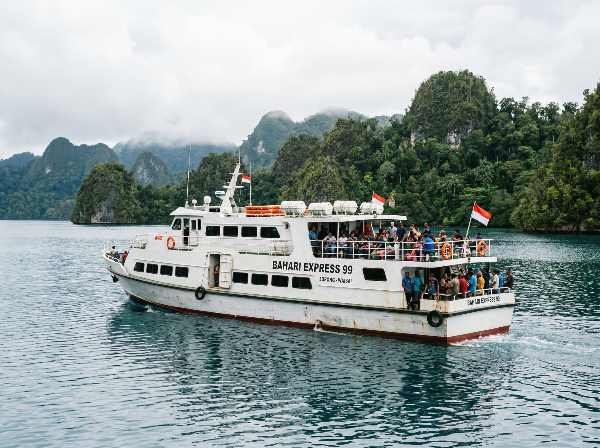 The express ferry crossing from Sorong harbor toward Waisai, Raja Ampat — the vessel on open water with forested islands in the background, illustrating the two-hour ferry journey that is the primary route to reach Dorey Homestay