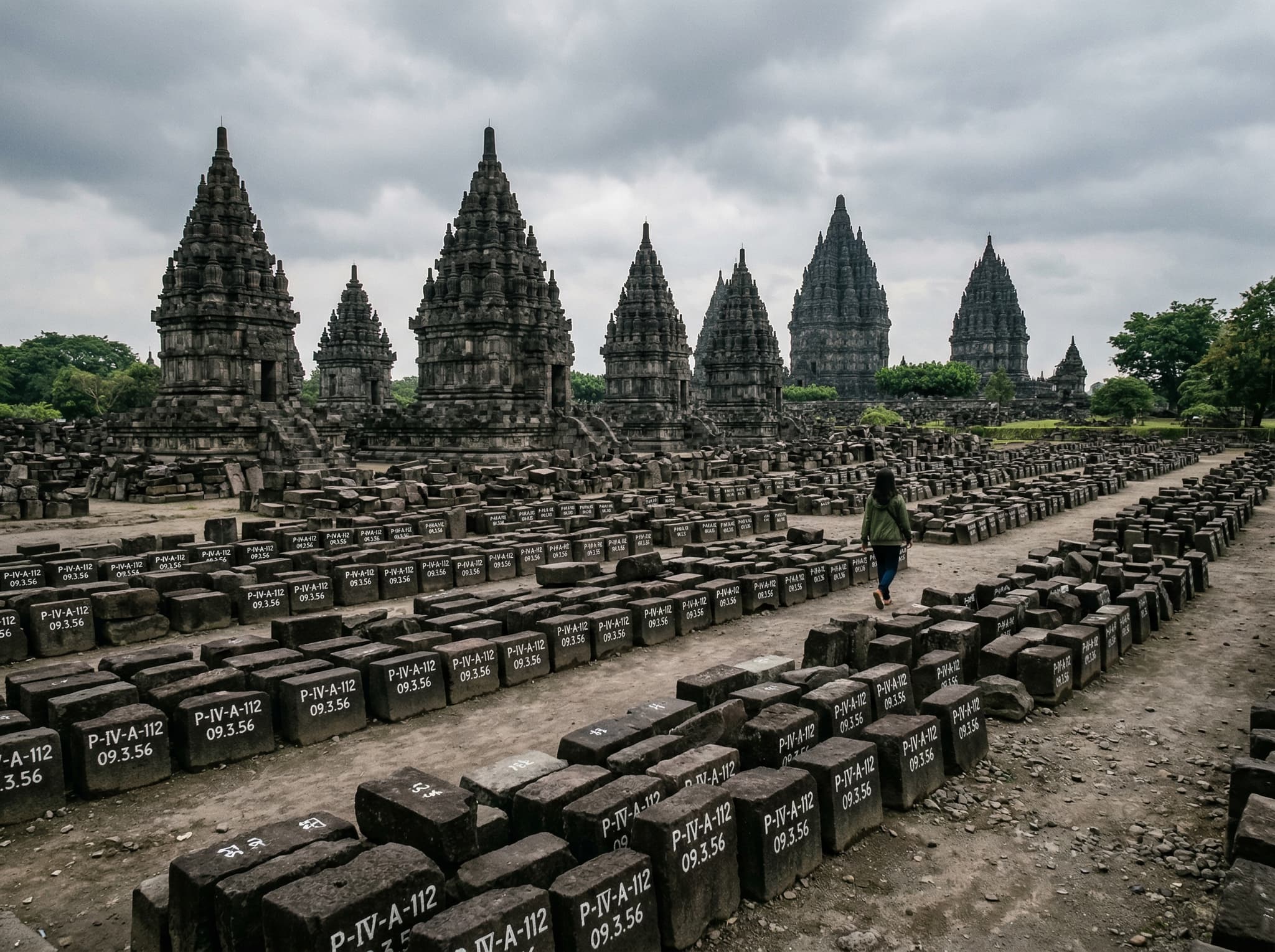 The outer compound of Prambanan showing the partially reconstructed perwara subsidiary temples — organized piles of numbered stone blocks awaiting restoration alongside rebuilt structures, illustrating the ongoing archaeological work described in the article