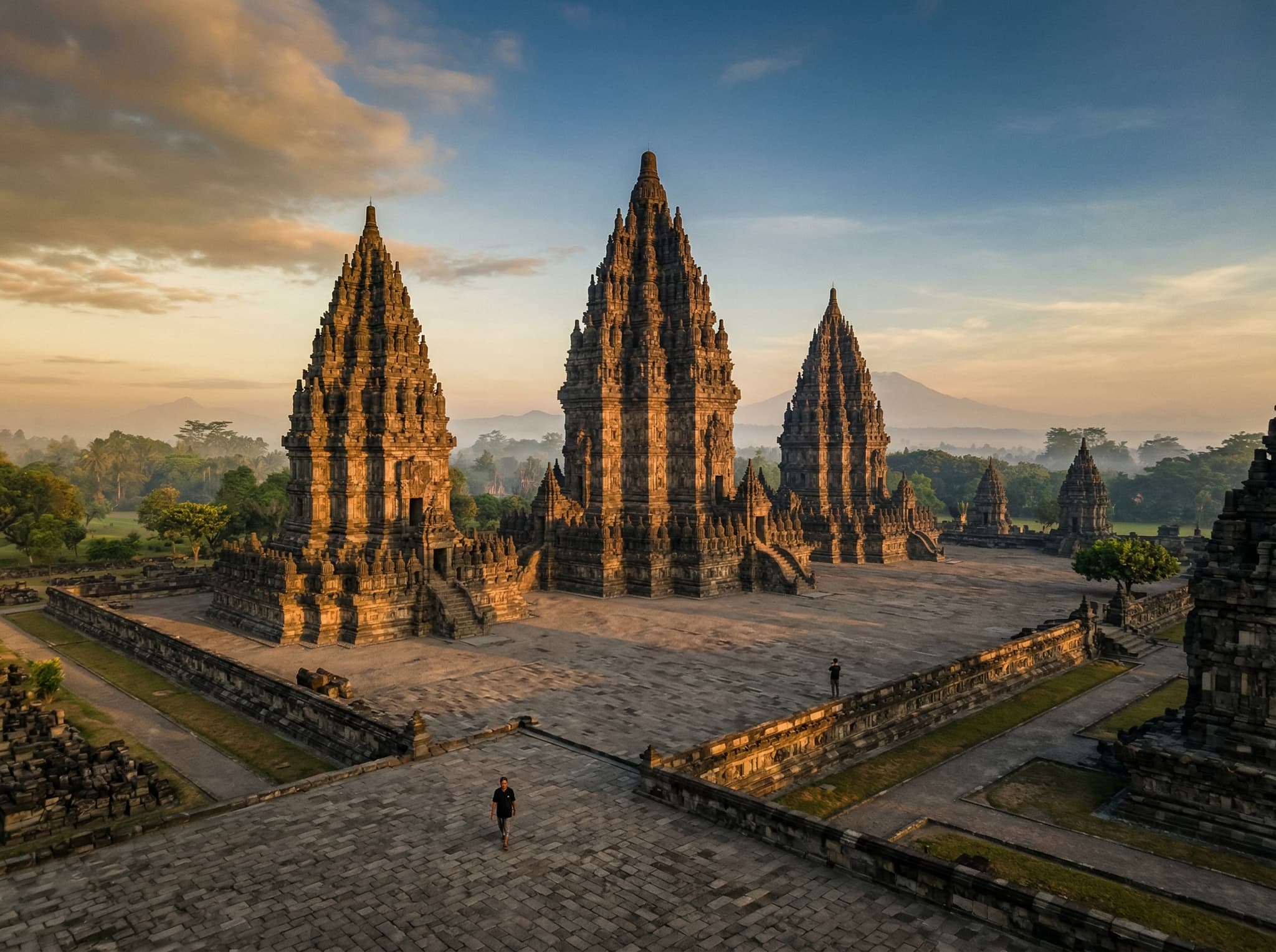 Prambanan temple complex at dawn or early morning with few visitors present — illustrating the article's advice to arrive at opening to avoid tour bus crowds and catch the best light on the eastern-facing temples