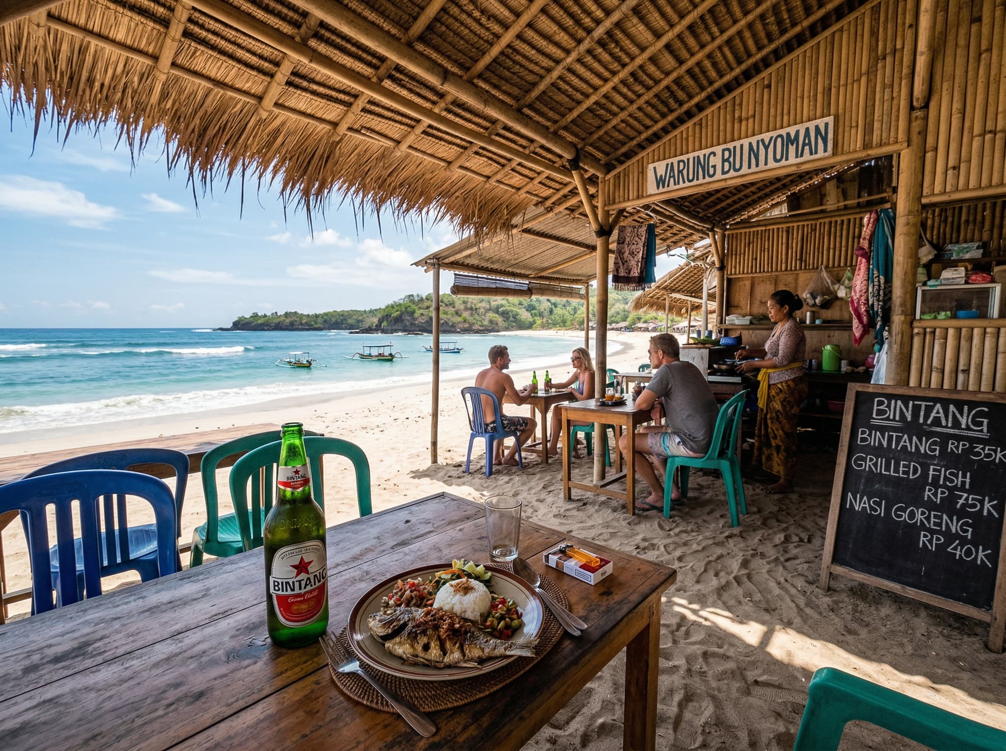 A beachside warung at Pasir Putih — simple plastic chairs and a handwritten menu under a thatched roof, cold Bintang beer on a wooden table facing the water, capturing the unpretentious, local character of the beach's food and drink scene