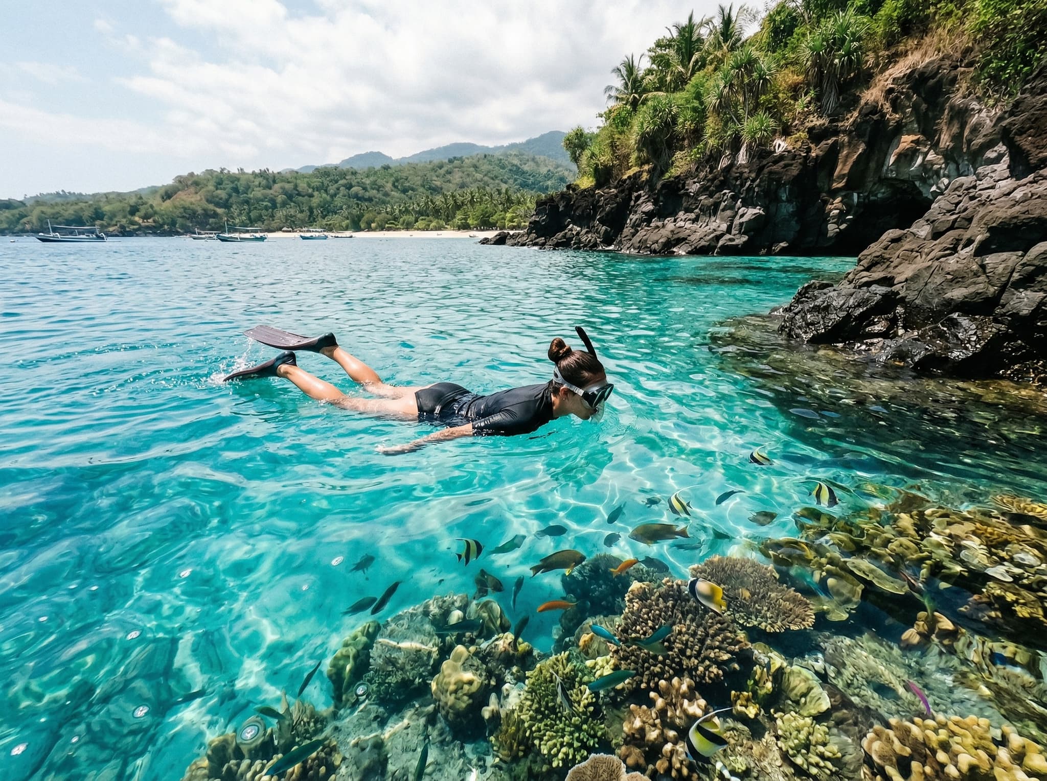Snorkeling near the rocky headlands at Pasir Putih — a snorkeler in clear, shallow water above modest coral reef near the volcanic rock edge, illustrating the beach's accessible underwater activity described in the article