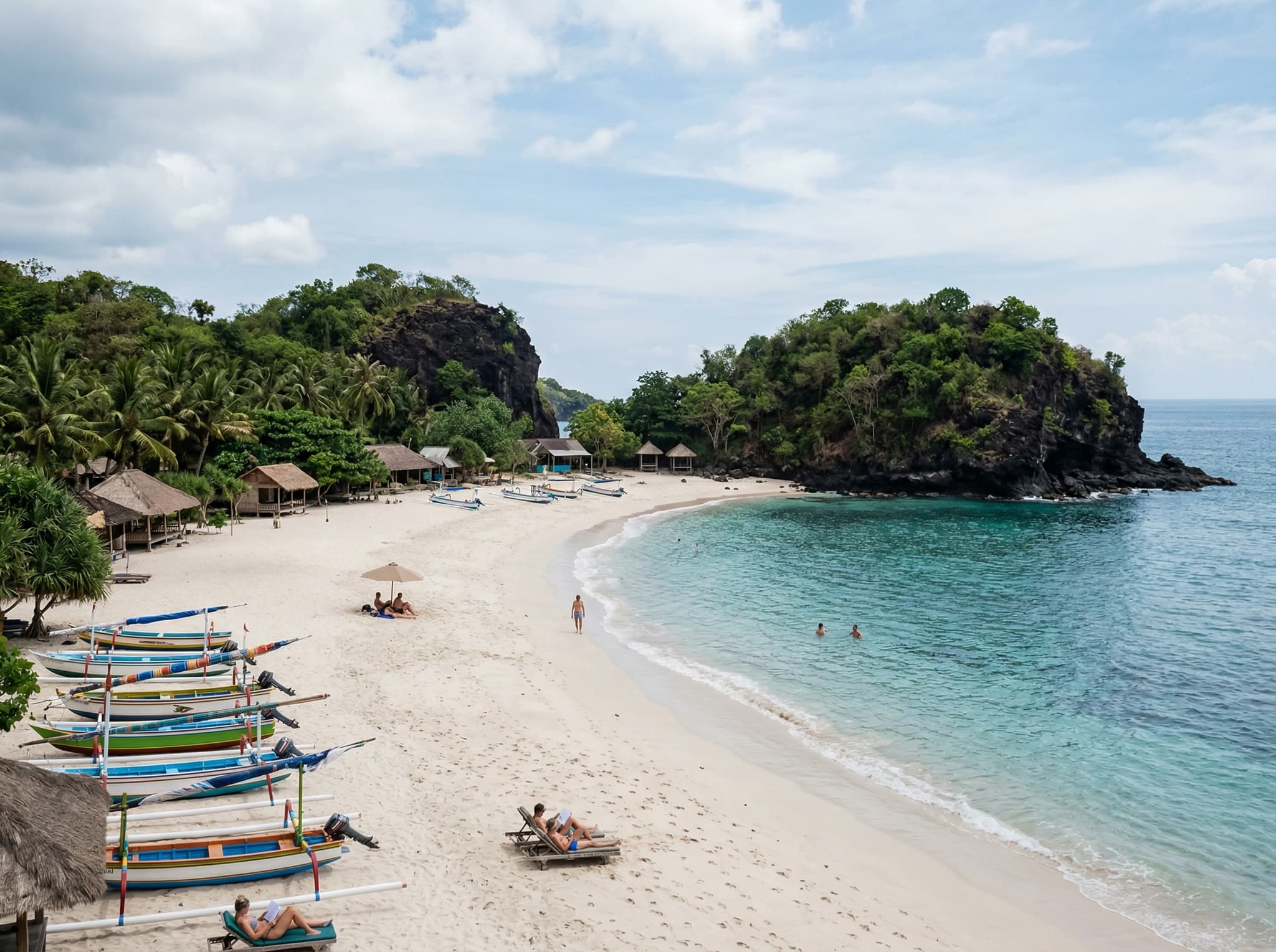Pasir Putih beach during the shoulder season — the beach with a small number of visitors, calm water, and clear skies, illustrating the article's recommendation of May–June and September–October as the best months to visit