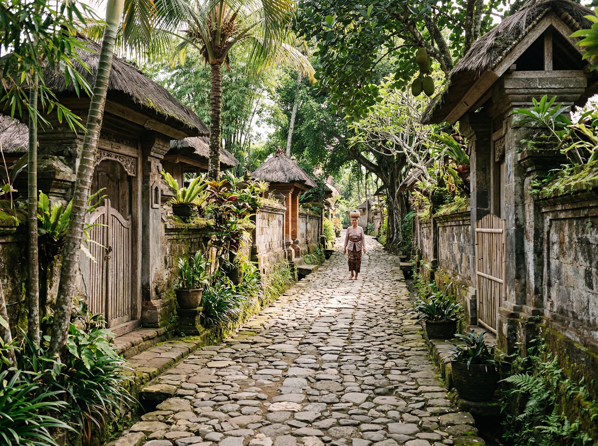 Tenganan traditional village in Karangasem, East Bali — a well-preserved Bali Aga village with stone-paved lanes and traditional architecture, shown as a recommended half-day pairing with a visit to Pasir Putih