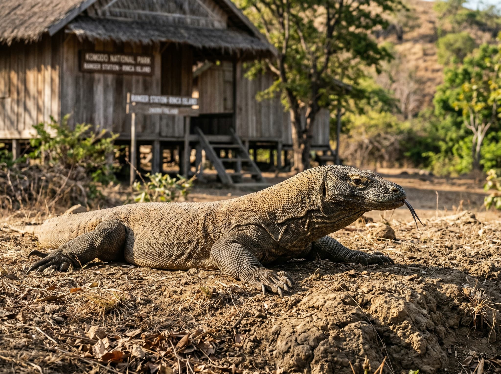 A close-up or mid-distance view of a Komodo dragon resting near the Loh Buaya ranger station area on Rinca Island, showing the proximity visitors can expect during a typical short-loop trek — reinforcing the article's point about high sighting odds