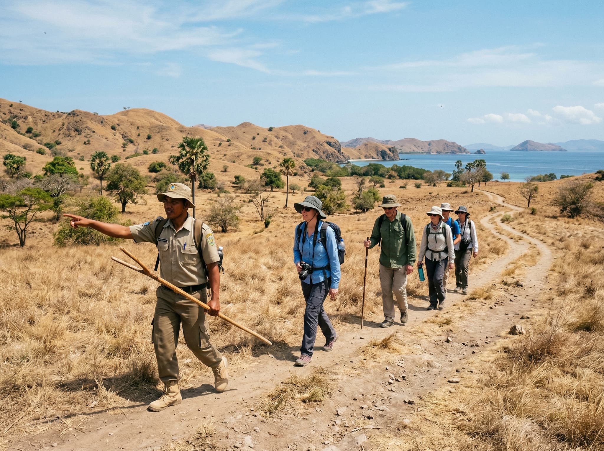 A ranger leading a small group of tourists along a marked trail through dry savannah on Rinca Island, with the ranger carrying the distinctive forked wooden stick — showing the mandatory guided trek experience described in the article