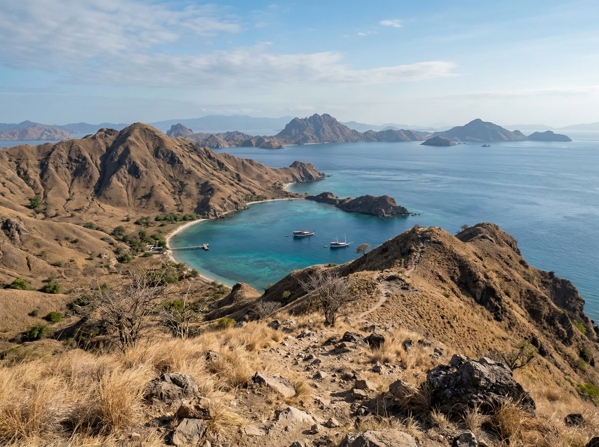 Panoramic view from a hilltop on Rinca Island's medium or long trek route, overlooking the Flores Sea and the bay near Loh Buaya — illustrating the scenic reward of choosing a longer trek route beyond the short dragon-viewing loop