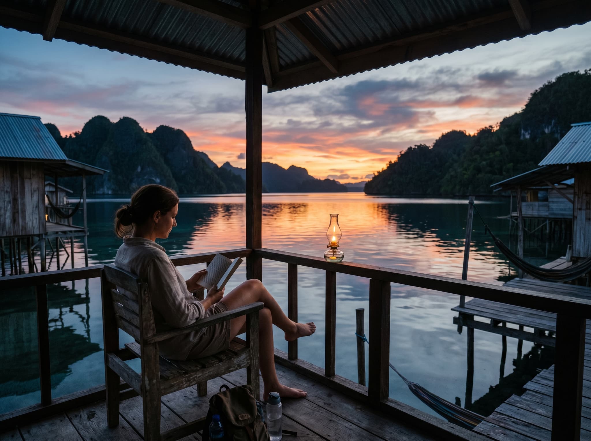 A quiet verandah or beach scene at dusk in Raja Ampat — a single traveler reading or sitting still as the light fades, generator-era lantern or warm interior light beginning to glow — capturing the slow, off-grid rhythm of evenings at Tau Yado described in the booking and bottom line sections.