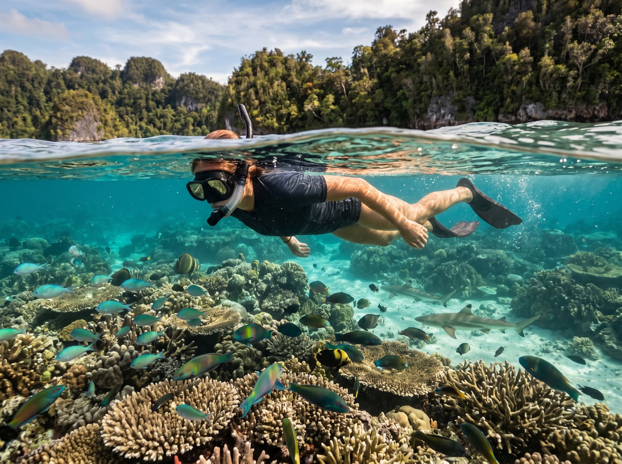 Snorkeler in clear shallow water above a coral reef near Gam Island, Raja Ampat — illustrating the house reef accessible directly from Tau Yado's beach, the primary activity draw for guests staying at the homestay.