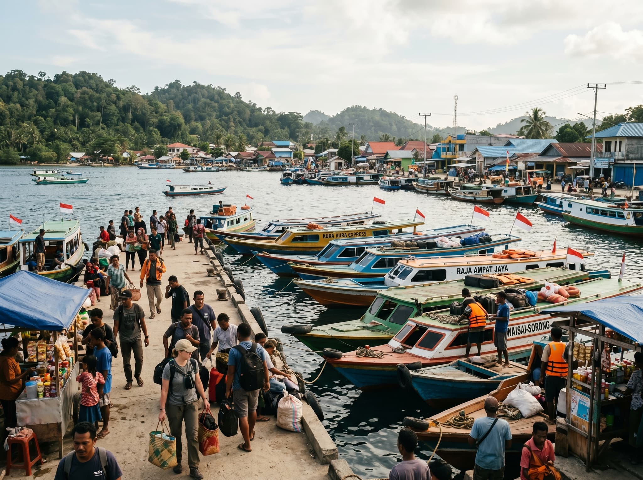 The public ferry terminal or harbor at Waisai, Raja Ampat's main town — boats docked, local passengers, modest port infrastructure — illustrating the arrival point and logistics hub described in the How to Get There section.