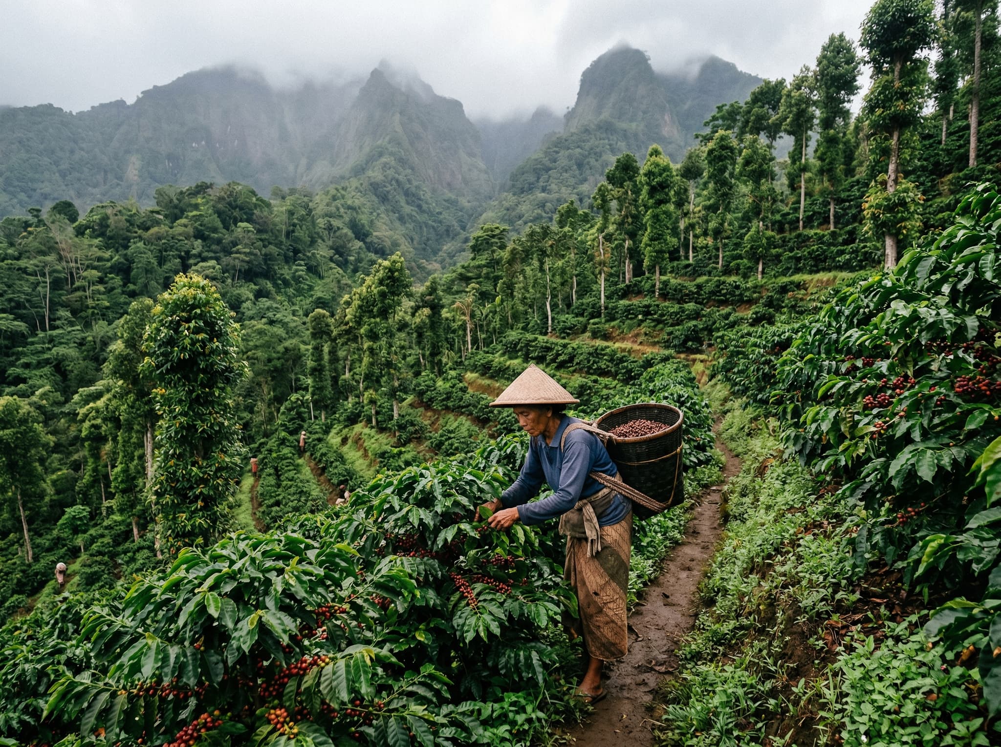 A working coffee or clove plantation in the Munduk highlands of Bali — showing rows of coffee plants or clove trees on a terraced hillside with a local farmer or plantation worker visible, illustrating the agricultural identity of the region that shapes daily life more than tourism does