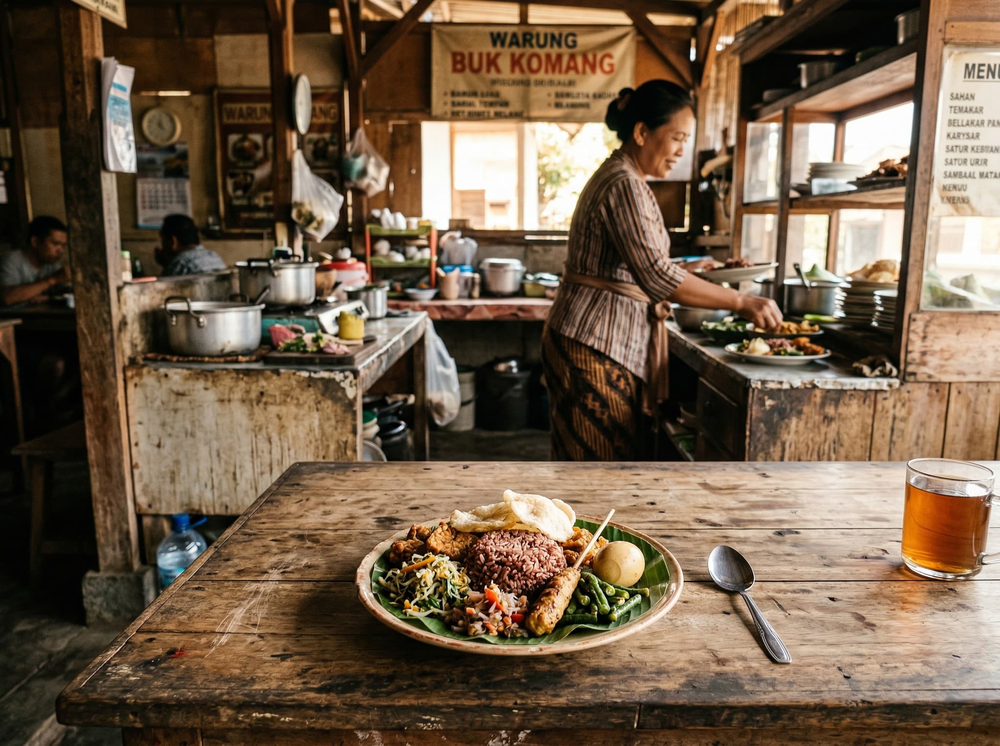 Interior or exterior of a traditional Balinese warung in Munduk village serving nasi campur — a simple wooden table with local dishes, natural light, and an unpretentious atmosphere that reflects the honest, affordable food culture the article describes as distinct from tourist-priced Ubud