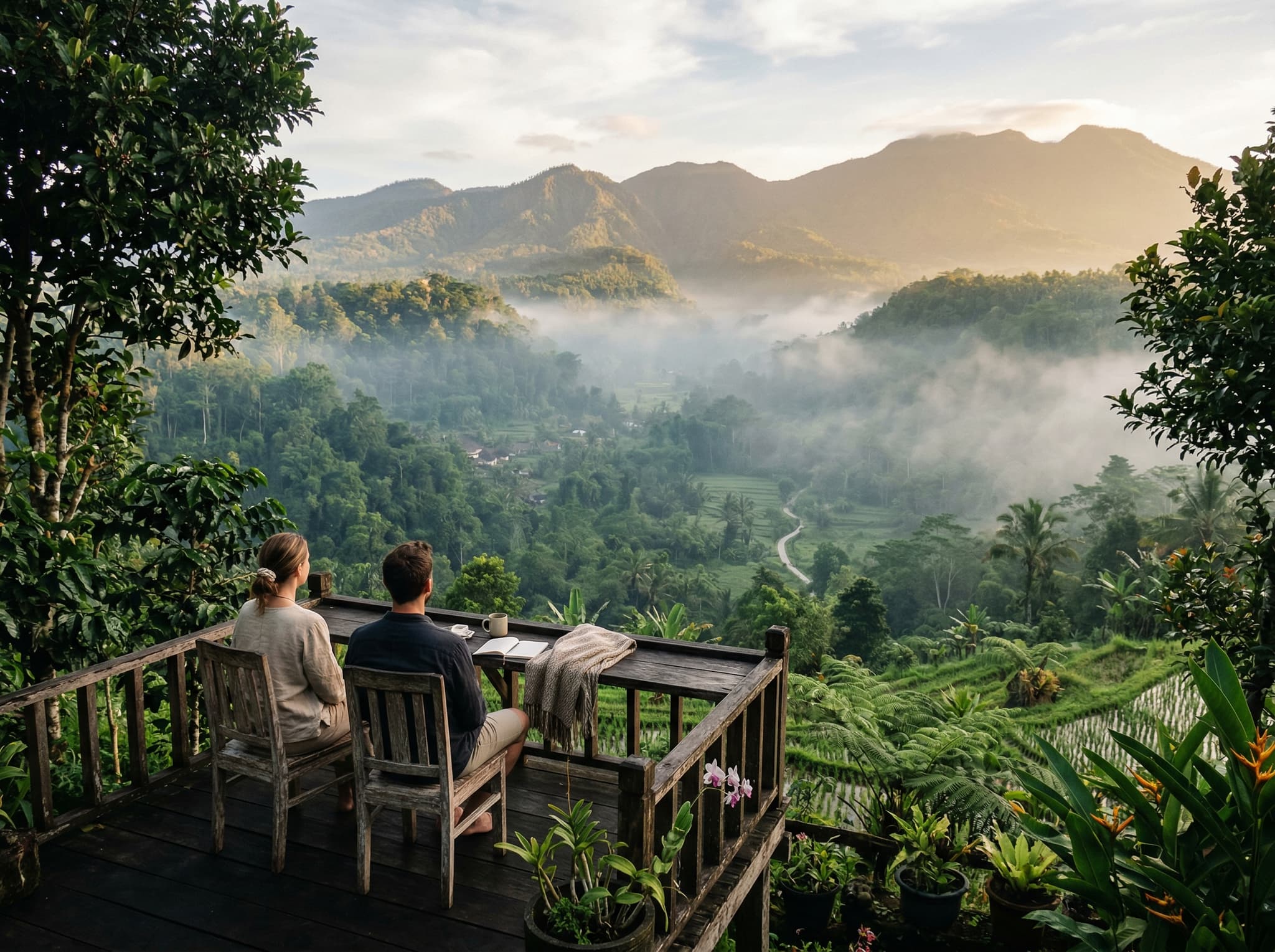 Early morning view from a guesthouse terrace or hillside path in Munduk, Bali — looking out over the misty mountain valley with birdsong implied by the stillness, capturing the quiet pace and natural setting that the article identifies as Munduk's core appeal for travelers seeking escape from Bali's crowded south