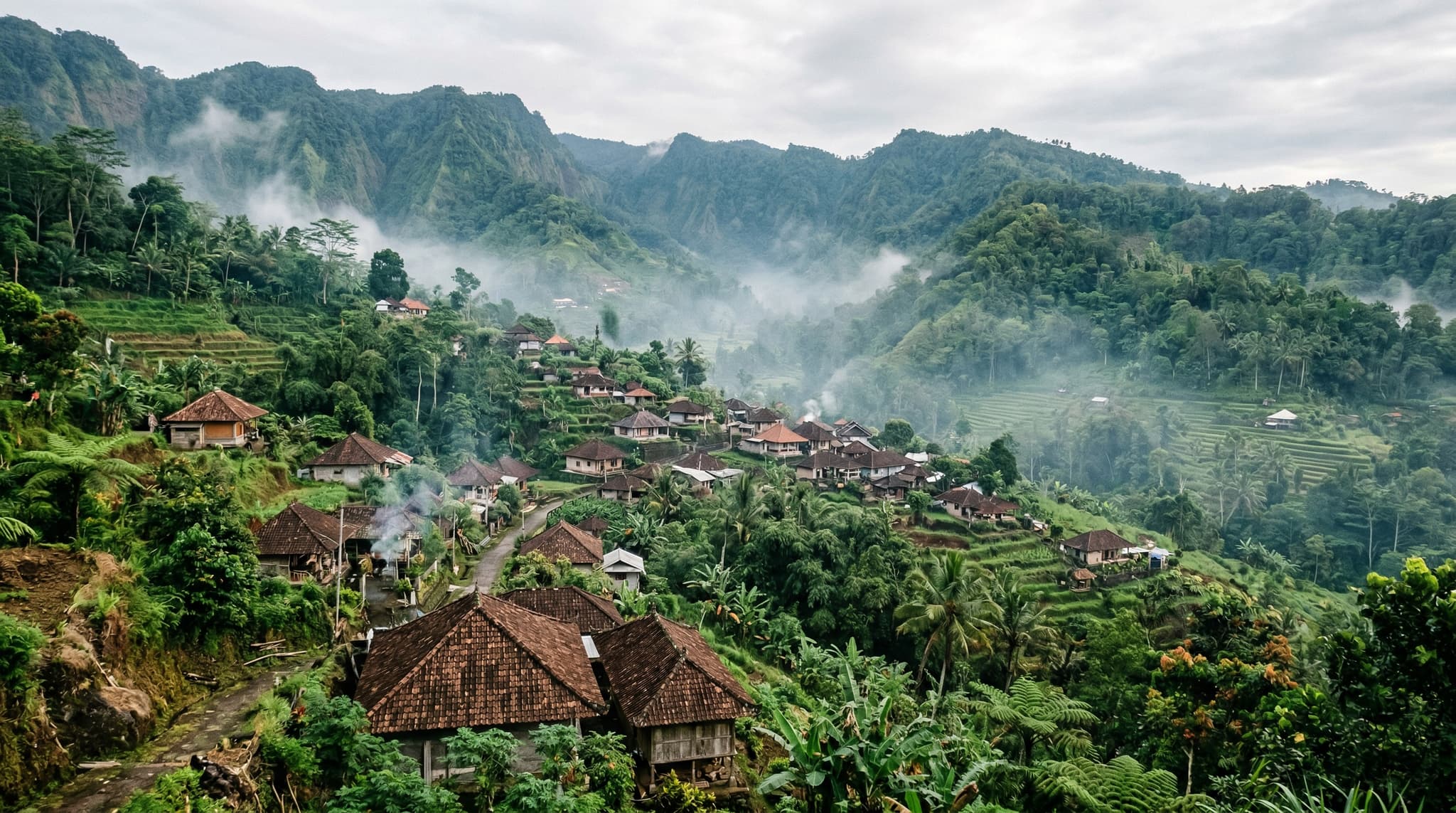 Aerial or elevated view of Munduk village in Bali's northern highlands, showing terraced hillsides with clove and coffee plantations, traditional Balinese rooftops partially obscured by morning mist, and the dense green mountain landscape that defines this remote village at 800 meters elevation