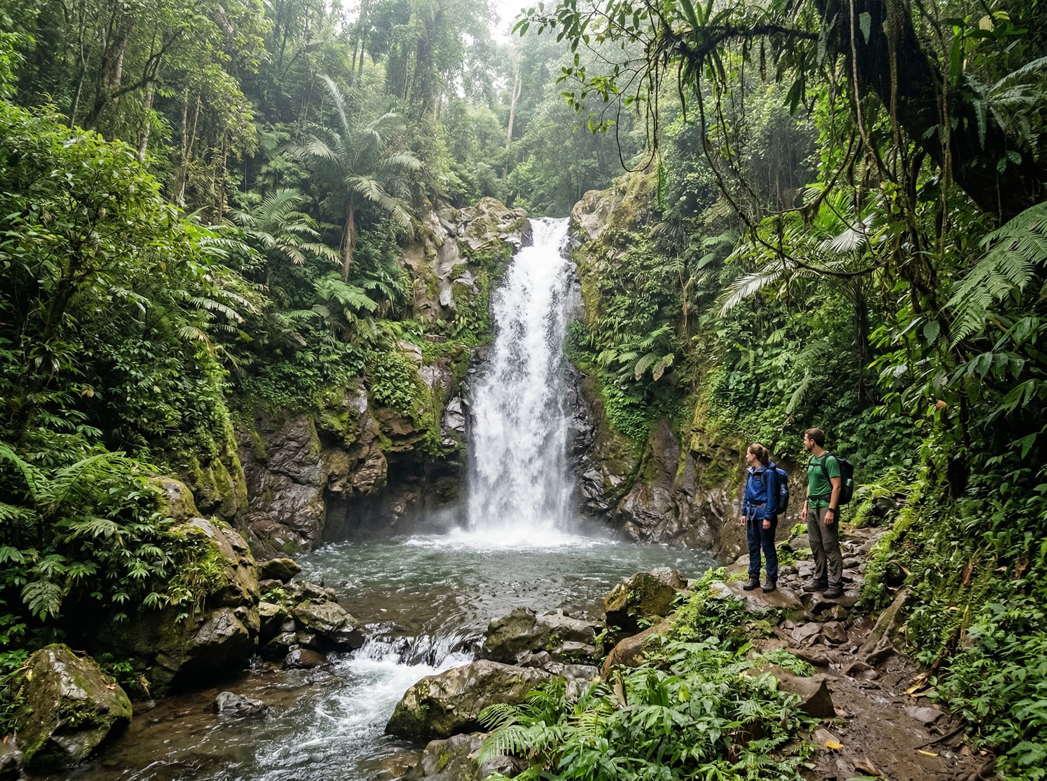 Munduk Waterfall in Bali's northern highlands — a single-drop waterfall surrounded by dense jungle vegetation, with natural light filtering through the forest canopy, representing the namesake attraction and most accessible starting point for visitors to the village