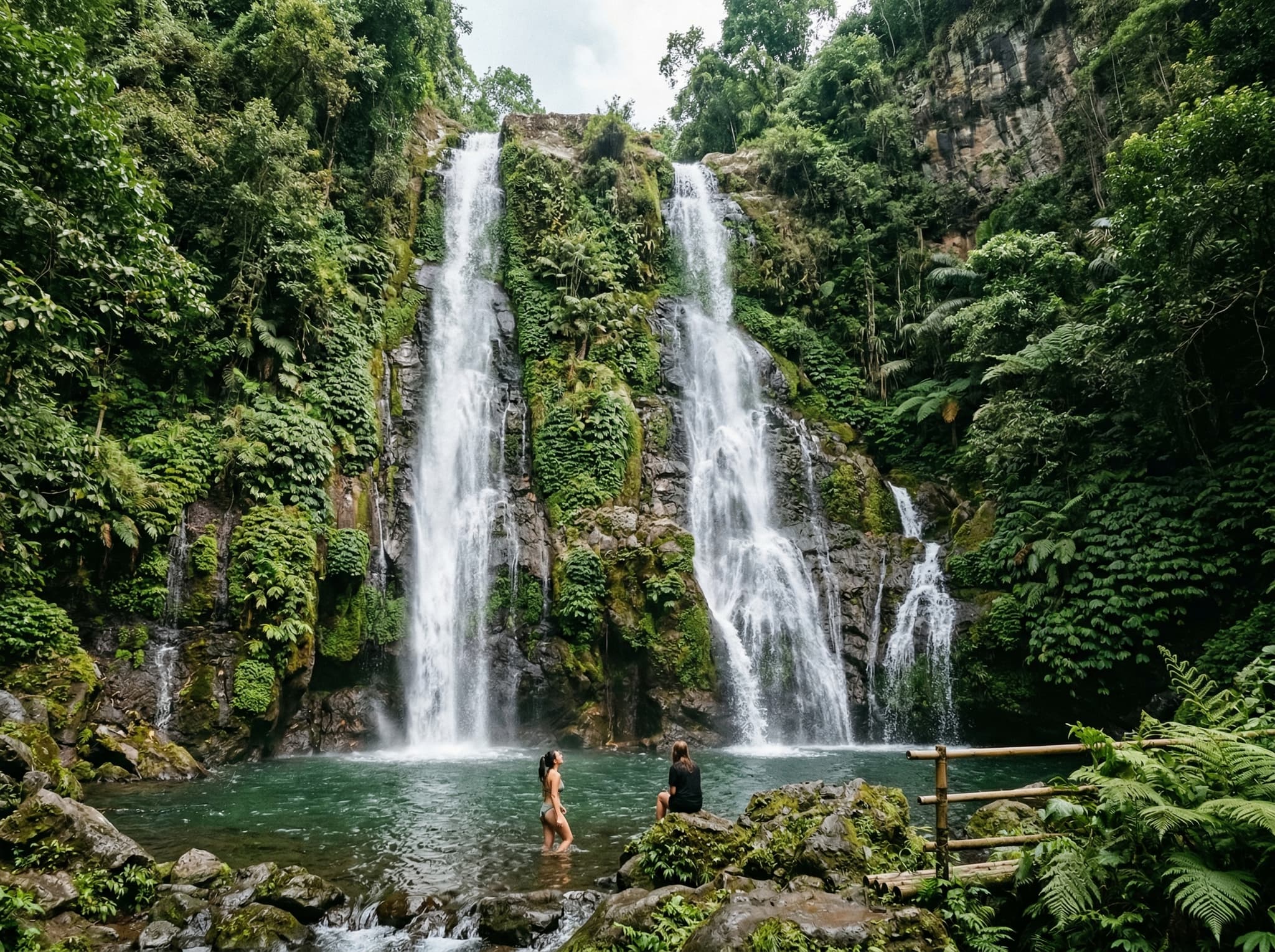 Banyumala Twin Waterfall near Munduk, Bali — two parallel cascades dropping into a clear jungle pool, representing one of the recommended nearby detours mentioned in the article's waterfall guide section