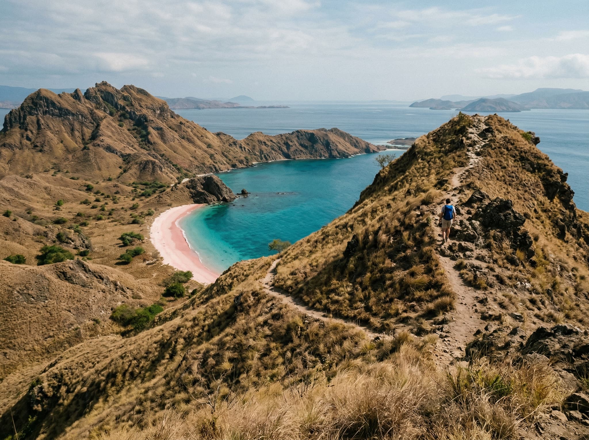 The view from Padar Island's second-tier viewpoint looking down over one of the colored-sand bays, with the ridgeline path continuing upward toward the summit — showing the rewarding mid-trail panorama that the article describes as a satisfying turnaround point for many visitors.