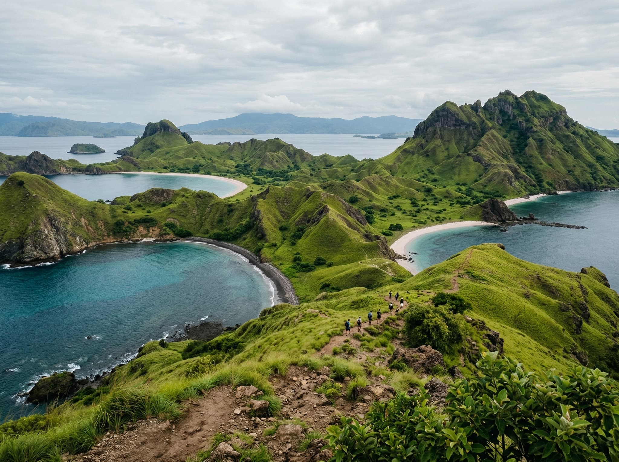 Padar Island's savanna hills in April or May, when seasonal rains leave the landscape lush and green — contrasting with the dry golden-brown of peak season. This image supports the article's recommendation of April–June as the optimal visiting window, when the hills are still verdant and crowds are lighter.