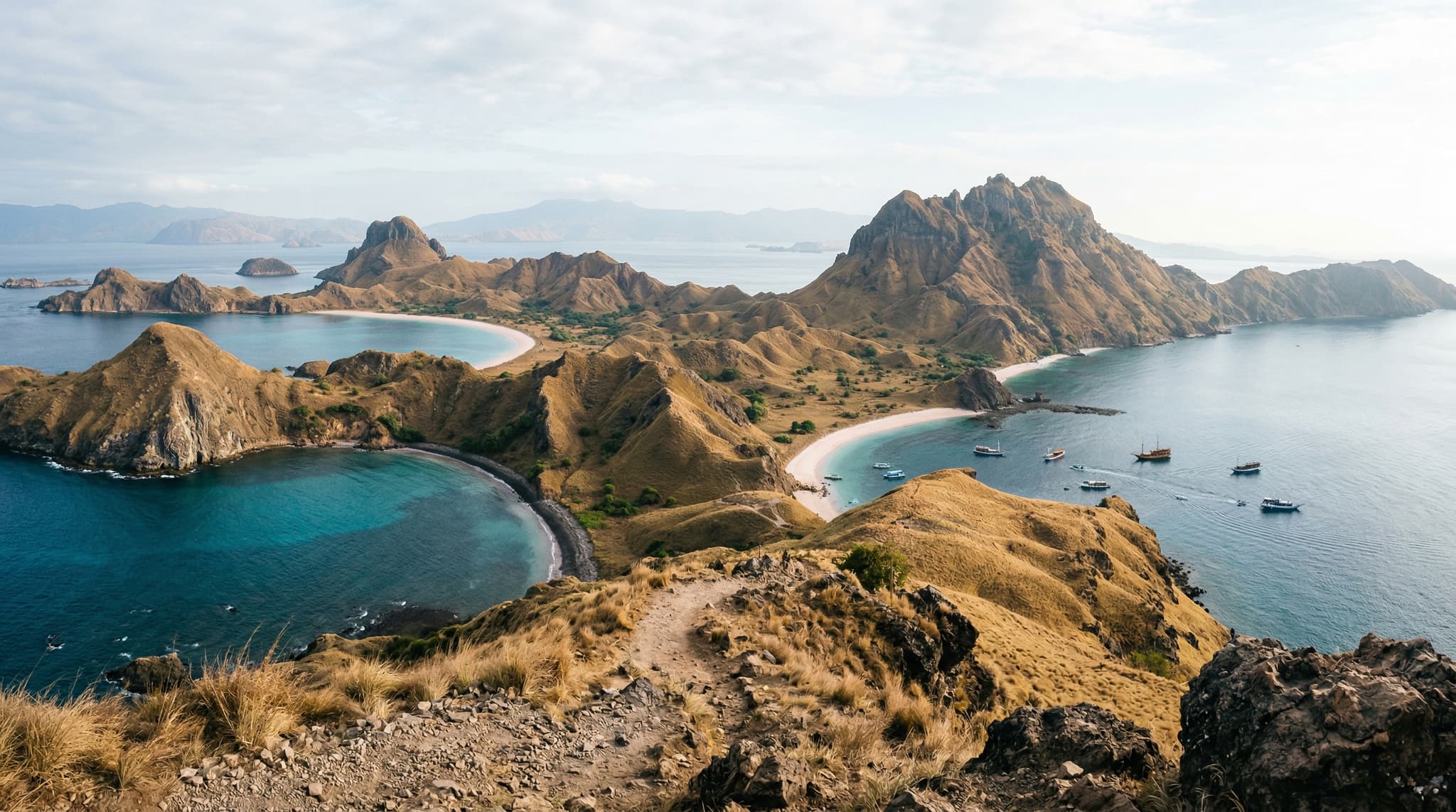 Panoramic view from the summit ridge of Padar Island, Komodo National Park, showing three bays with distinctly colored sand — white, pink, and black — curving between dry savanna hills that fold into the turquoise Flores Sea. The image establishes the iconic viewpoint that defines the island's appeal and draws visitors from around the world.