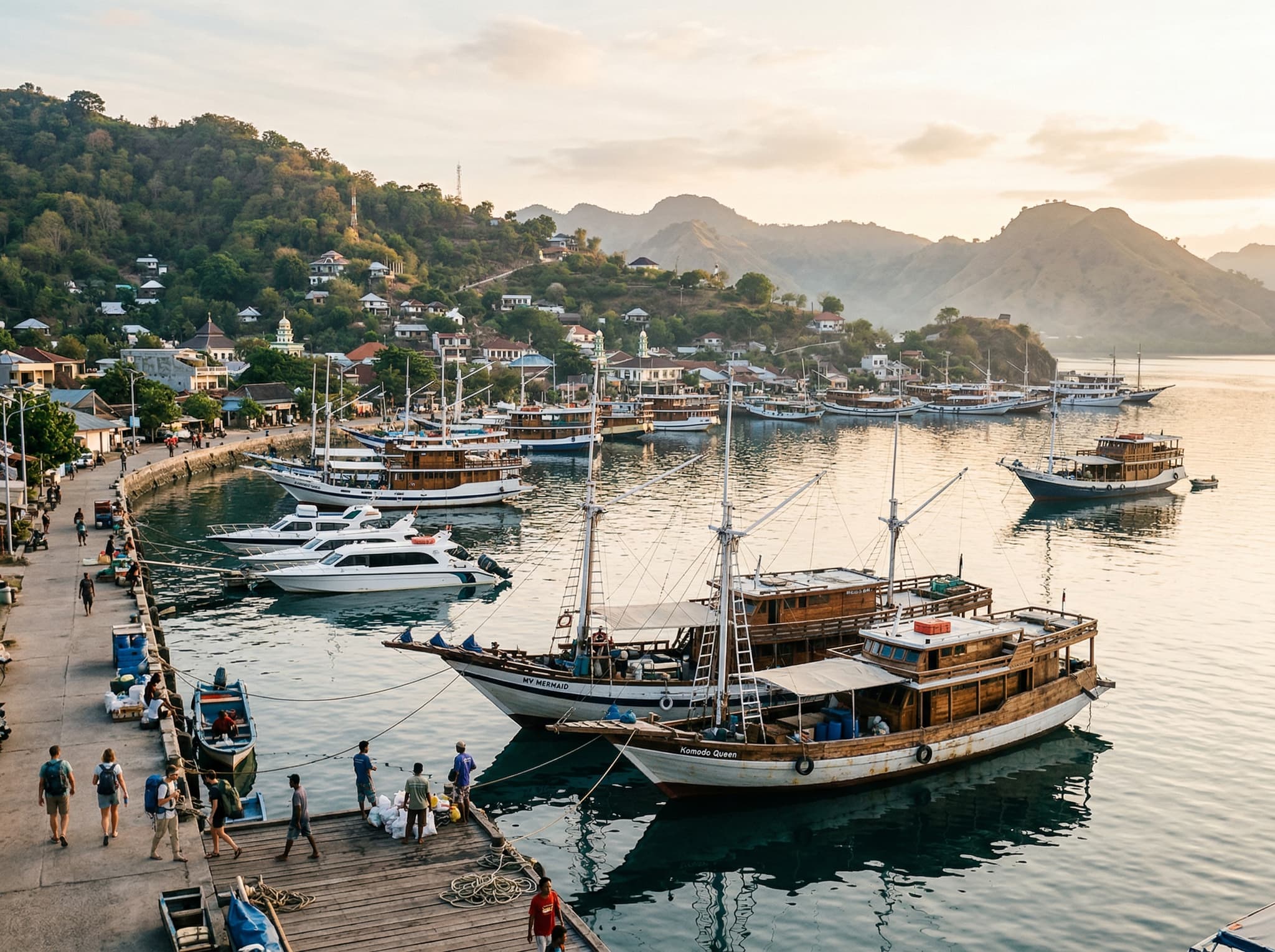 A traditional wooden phinisi or speedboat departing Labuan Bajo harbor at dawn, with the small port town's waterfront visible in the background — illustrating the boat journey that is the only way to reach Padar Island, roughly 60–90 minutes by speedboat from this gateway town on Flores.