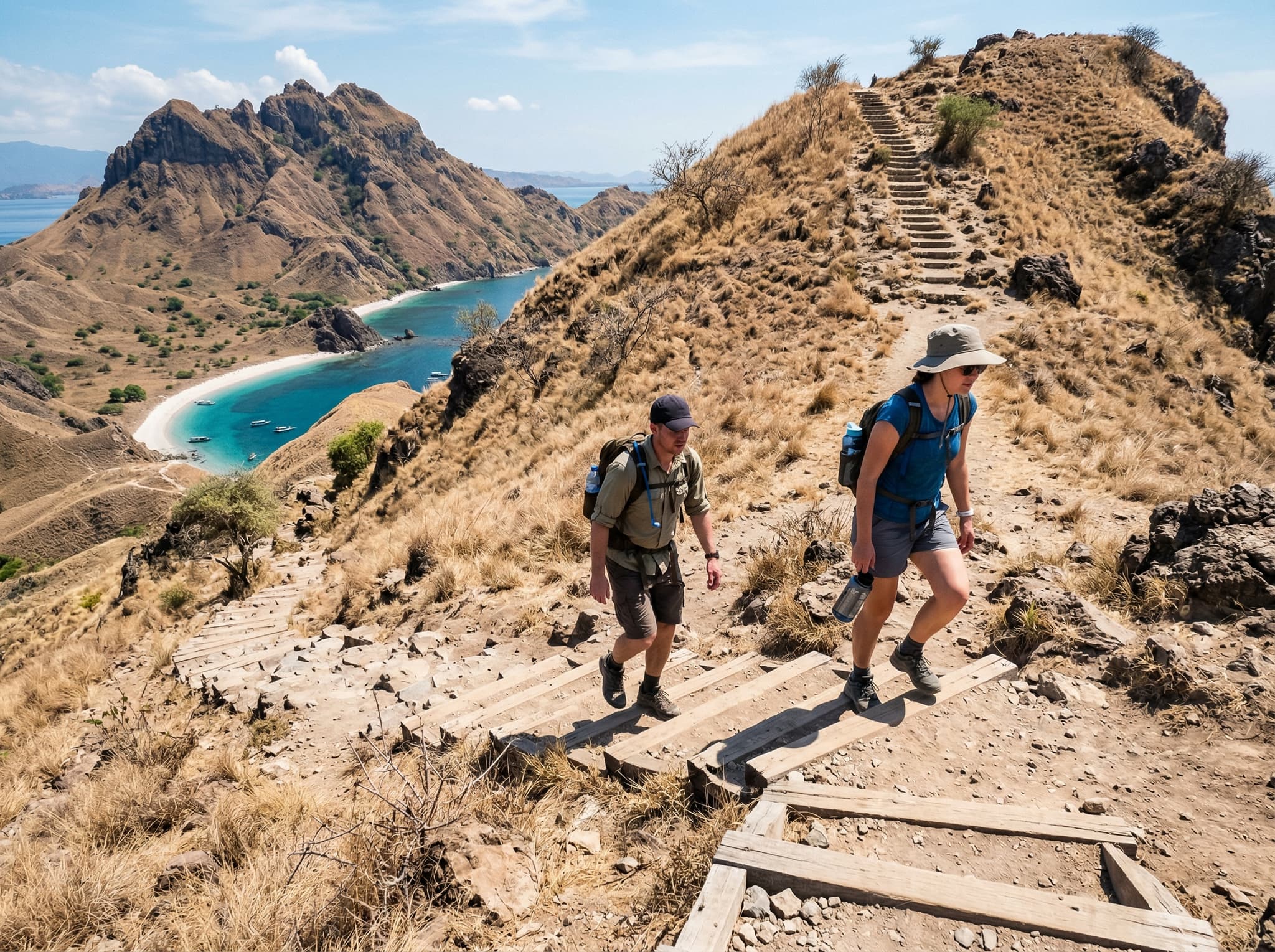 Hikers ascending the stone and wooden staircase trail on Padar Island, Komodo National Park, with the dry savanna hillside and a glimpse of the bay below visible behind them — conveying the exposed, shadeless nature of the 830-step climb and the dramatic landscape surrounding the trail.