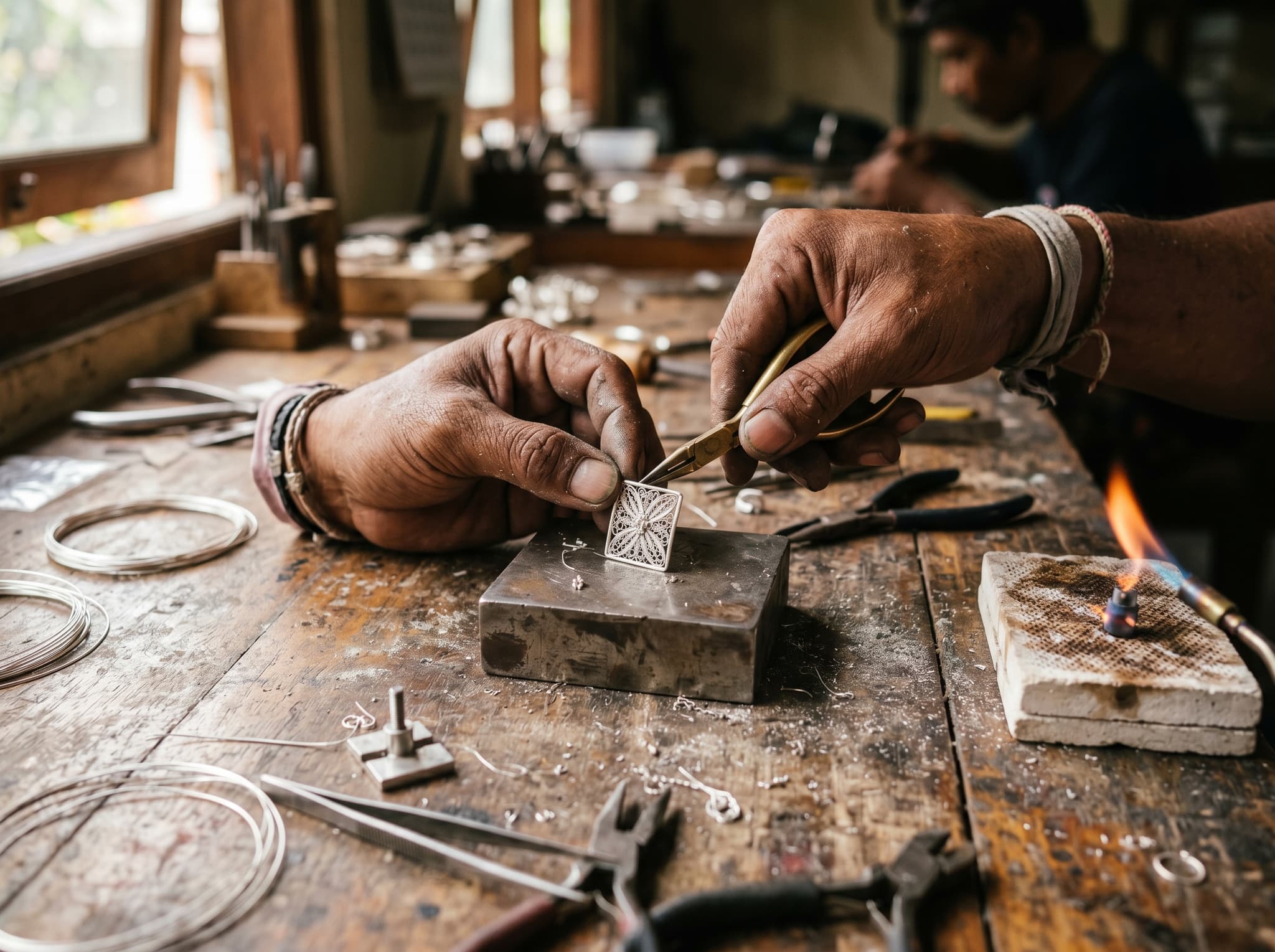 Close-up of Balinese silver filigree jewelry being crafted by hand — fine wire being shaped into intricate floral or geometric patterns drawn from Hindu temple motifs, showing the small-scale precision of traditional Celuk silversmithing technique