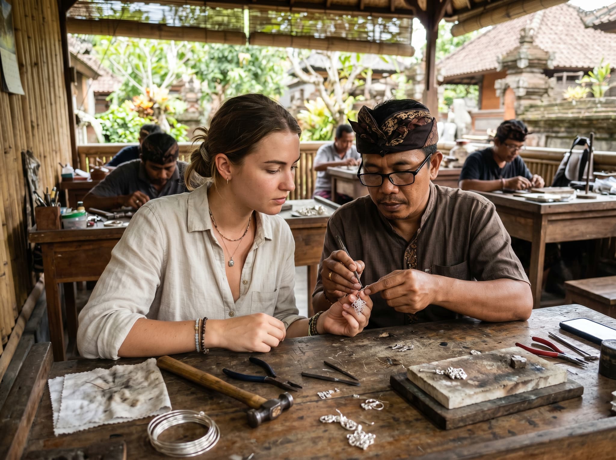 A traveler participating in a hands-on silver jewelry-making class in a Celuk workshop, working alongside a local silversmith instructor — representing the making experience described in the article as the most rewarding reason to visit