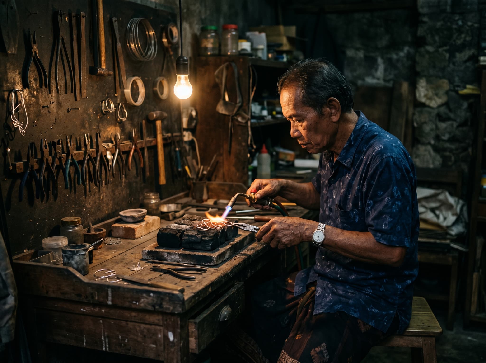 The back room of a Celuk silver workshop — away from the tourist-facing shopfront — where an artisan works quietly at a bench drawing silver wire by hand over a small flame, illustrating the article's closing point that the authentic version of Celuk exists just past the commercial surface