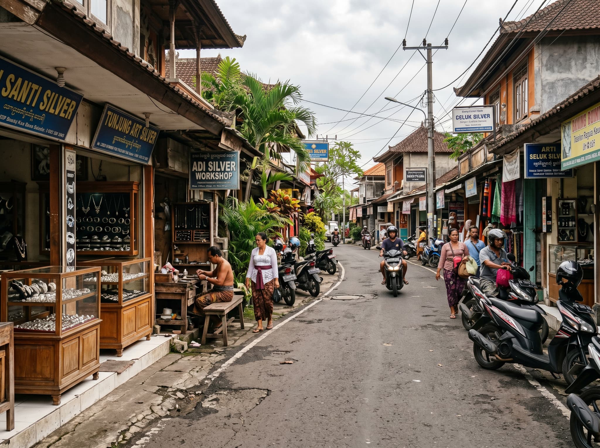 Jalan Raya Celuk, the main road through Celuk village, showing a row of open-fronted silver jewelry shops and workshops with display cases visible from the street — capturing the dual nature of the village as both commercial strip and working artisan community