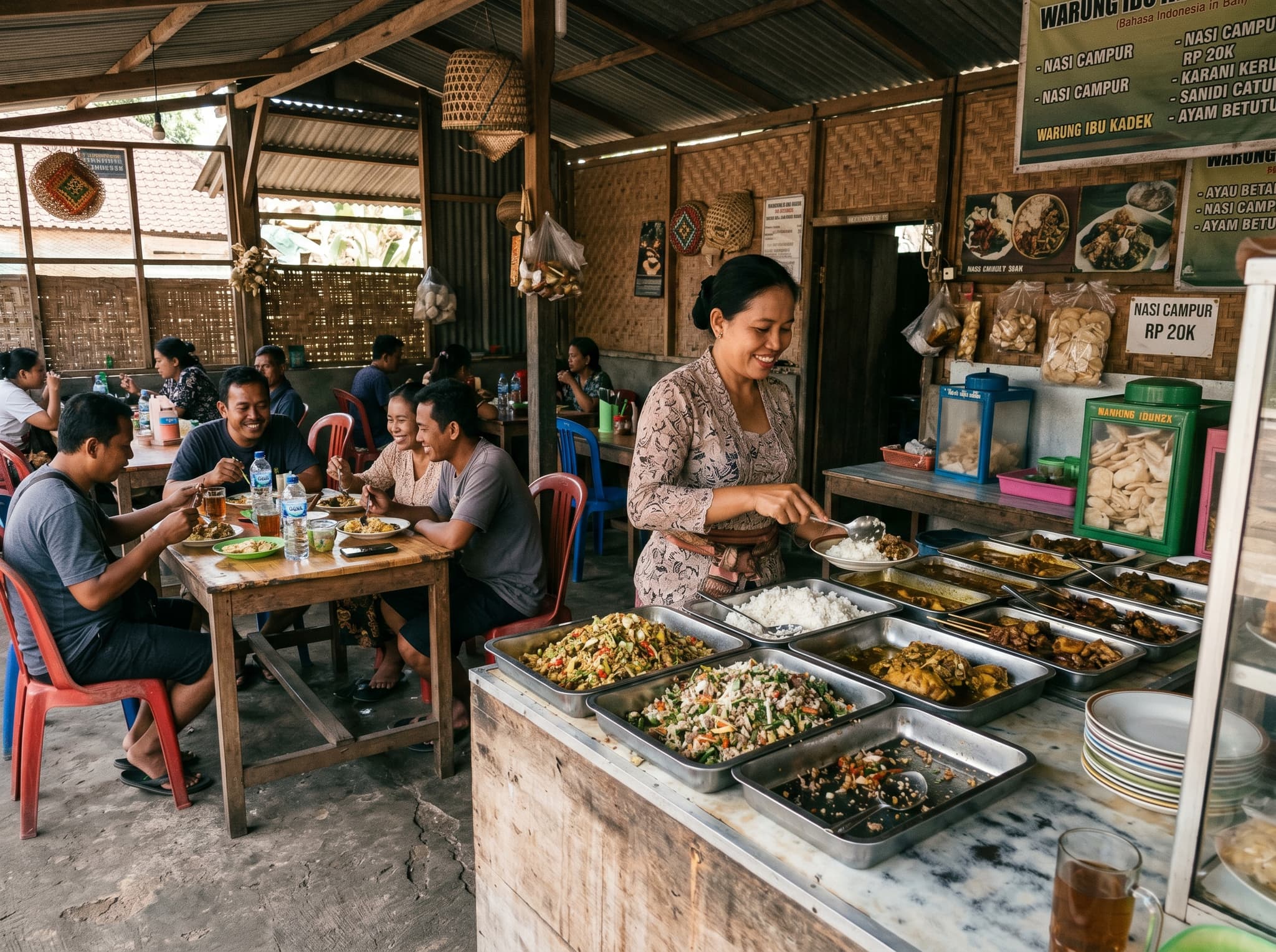 A traditional Balinese warung exterior or interior serving rice dishes with lawar — the kind of local eating spot near Celuk village that represents authentic Balinese food culture away from the tourist trail