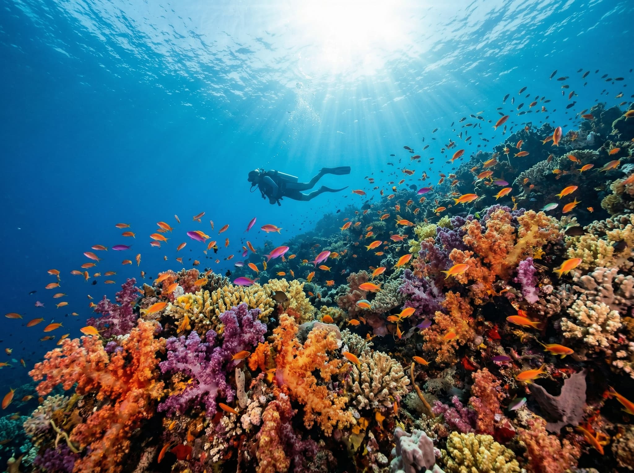 Underwater wide-angle view of a Raja Ampat coral reef in the Dampier Strait, dense with soft corals, reef fish, and a diver in the background — representing the world-class diving that anchors all three diver-track itineraries