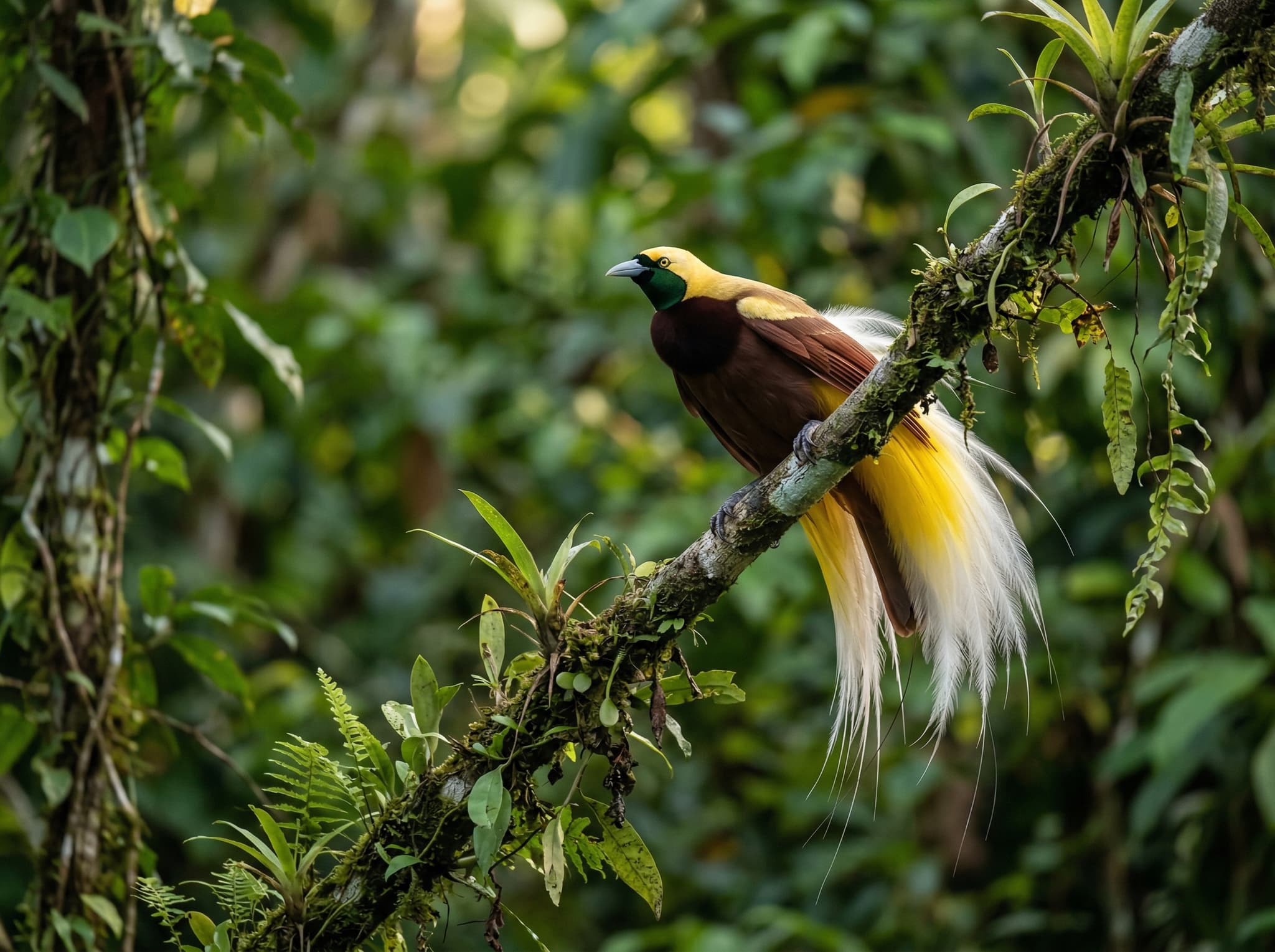 Cendrawasih (Bird of Paradise) perched in rainforest canopy at Sawinggrai Village, Waigeo Island, Raja Ampat — representing the pre-dawn birdwatching excursion featured in the non-diver tracks across all itinerary lengths