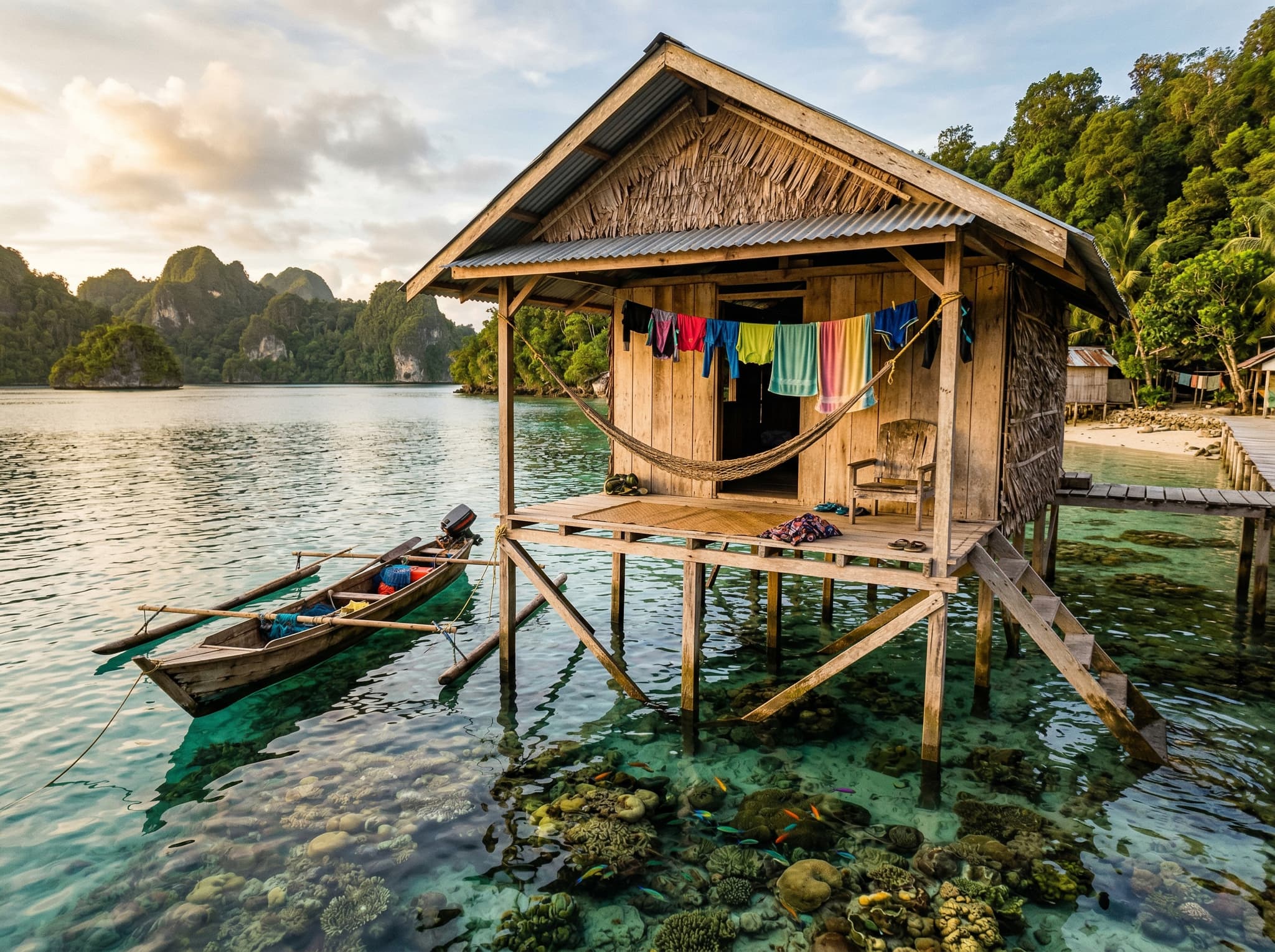 A simple Raja Ampat homestay over the water at dusk — wooden deck, hammock, reef visible below — representing the budget accommodation option discussed in the Where to Stay section and the authentic, unhurried pace the article recommends