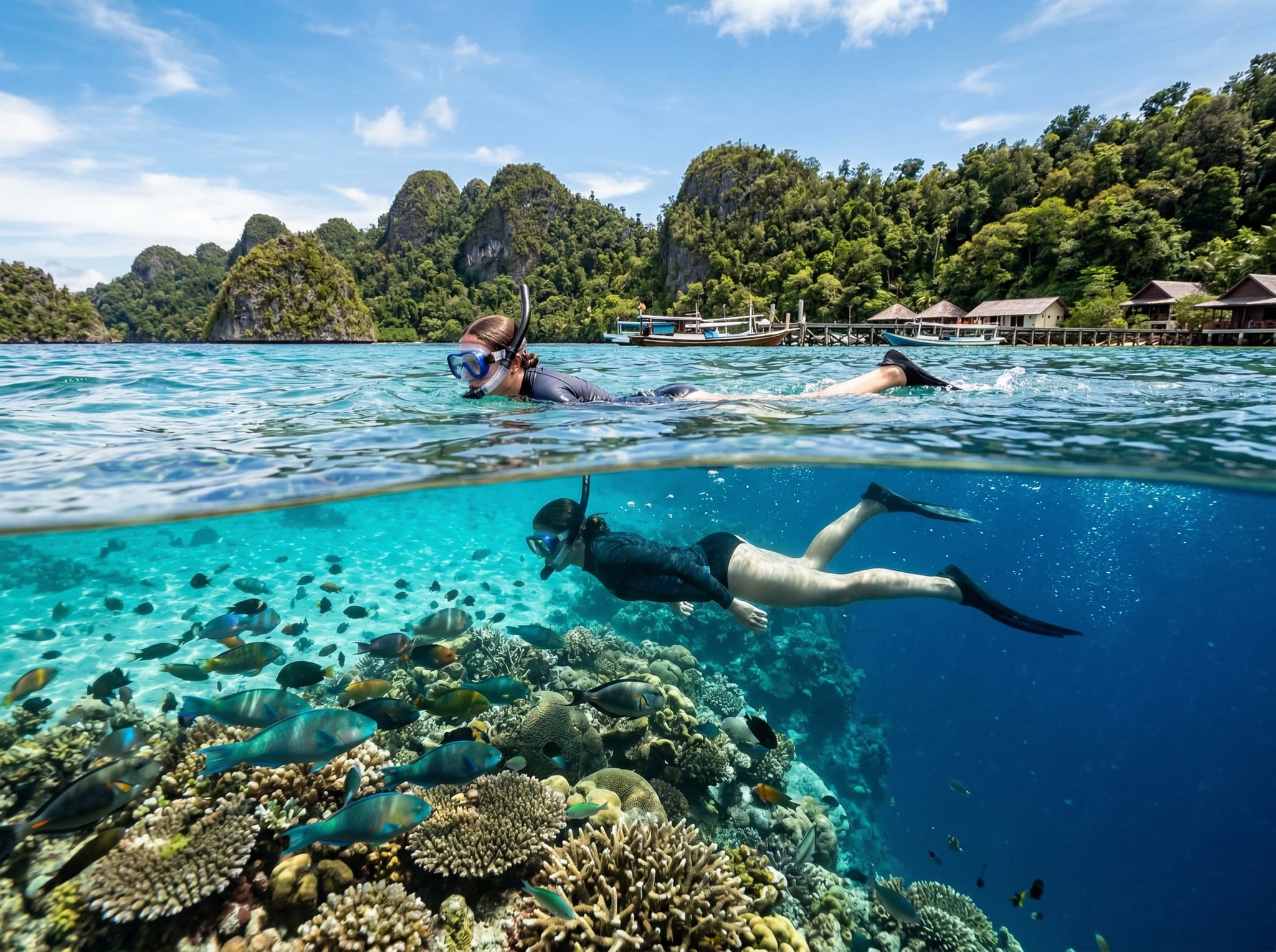 Snorkeler floating above the shallow coral platform of Kri Floating Island, Raja Ampat, with deep blue water visible at the reef edge — illustrating the snorkel site recommended in the 5-day non-diver itinerary