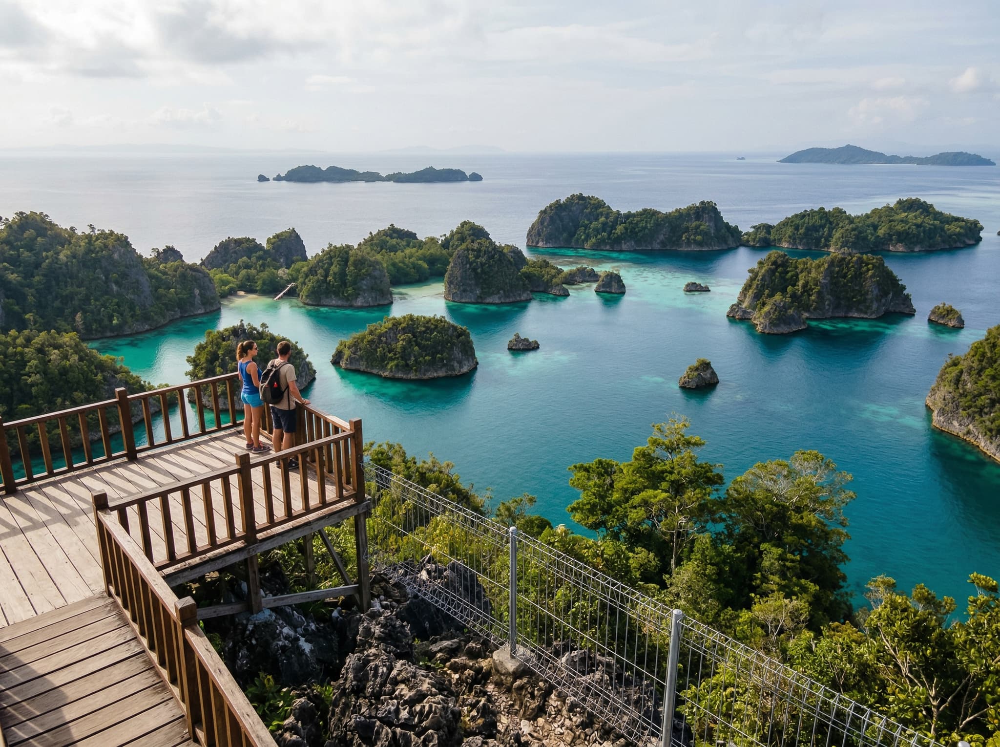 Piaynemo karst viewpoint in Raja Ampat — the elevated lookout over a cluster of limestone islands and turquoise lagoons, a centerpiece excursion in both the 7-day and 10-day itineraries for divers and non-divers