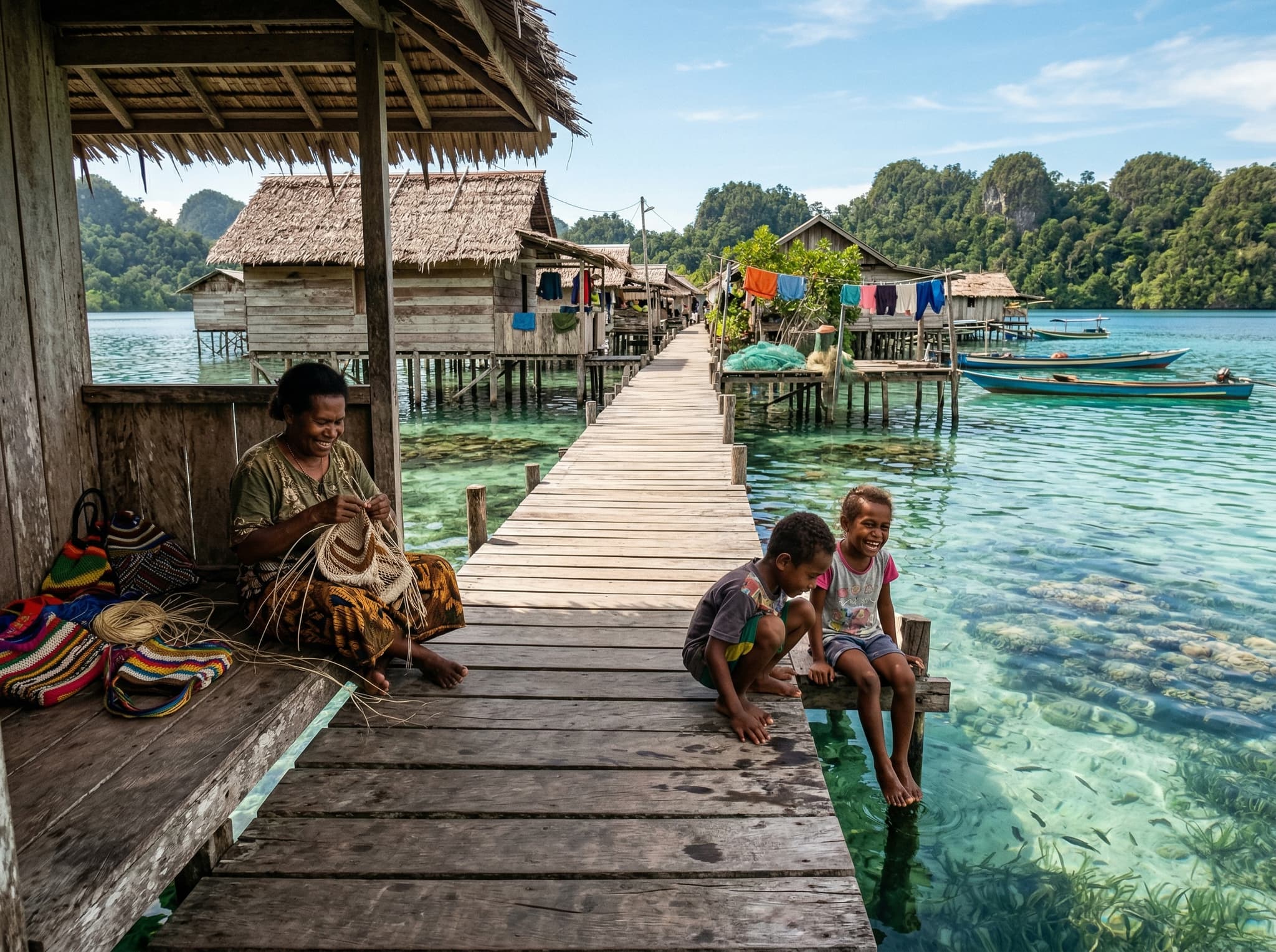 Arborek Village on a small island in Raja Ampat — traditional wooden houses on stilts over the water, local villagers, and a reef visible through clear shallows — representing the cultural immersion day featured in all non-diver itinerary tracks