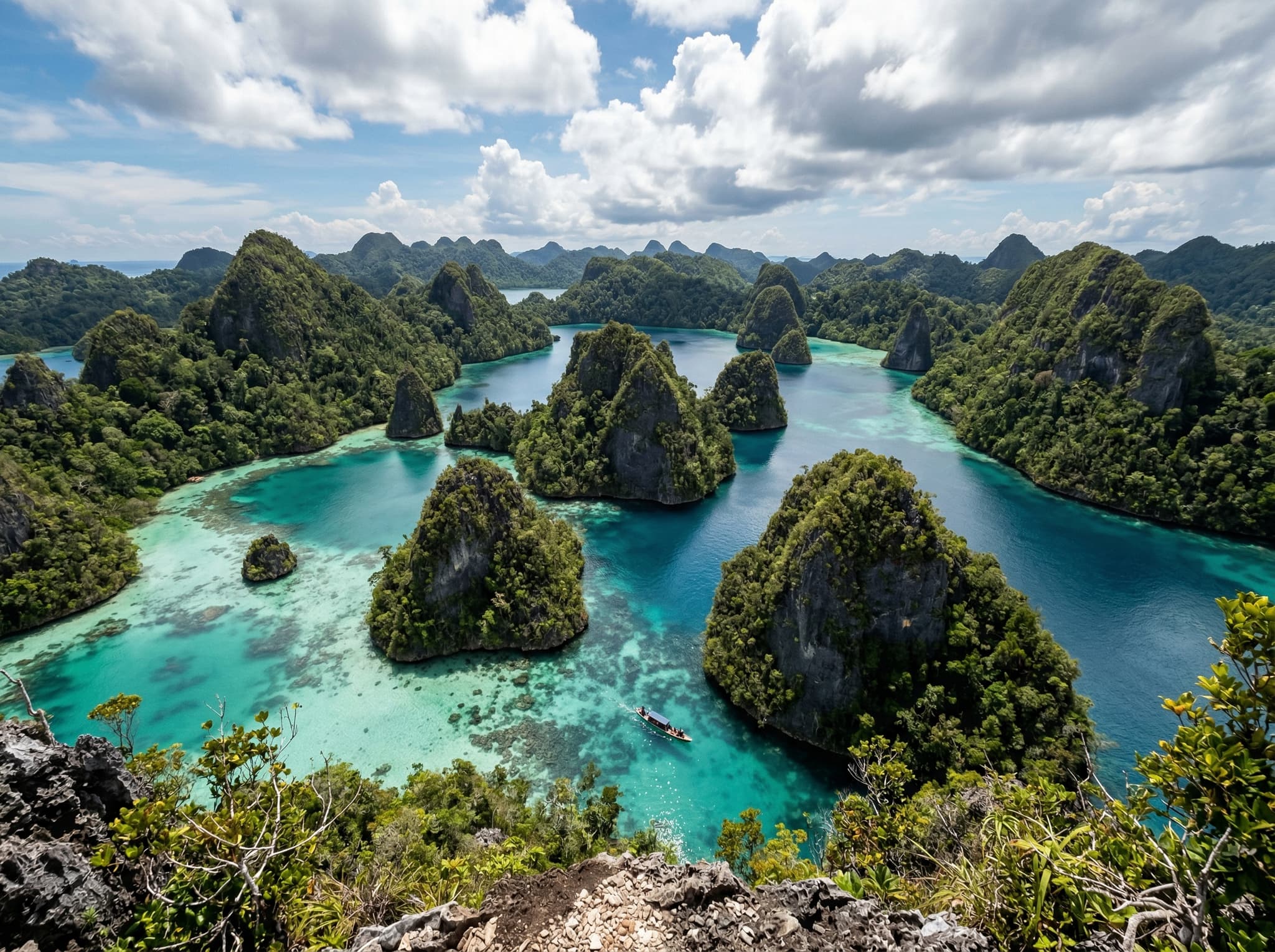 Wayag lagoon in Raja Ampat seen from the iconic hilltop viewpoint — the dramatic landscape of karst towers and enclosed turquoise lagoons that makes the full-day boat excursion worthwhile, featured in the 10-day itineraries