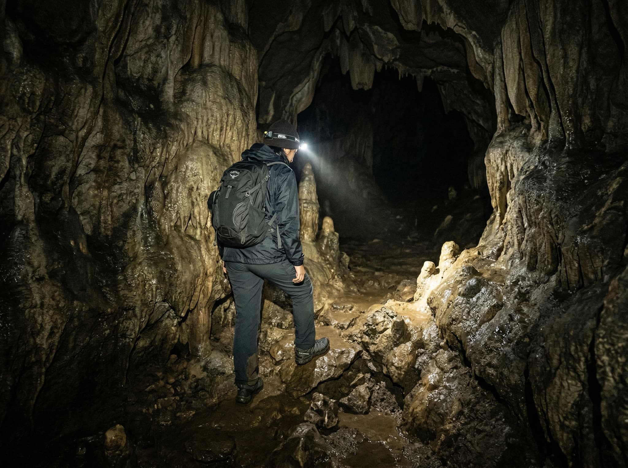 The interior of an undeveloped natural cave in Lombok — uneven rocky ground, darkness broken only by a handheld flashlight beam — illustrating the article's practical warnings about footwear, lighting, and rough terrain inside Payung Cave.