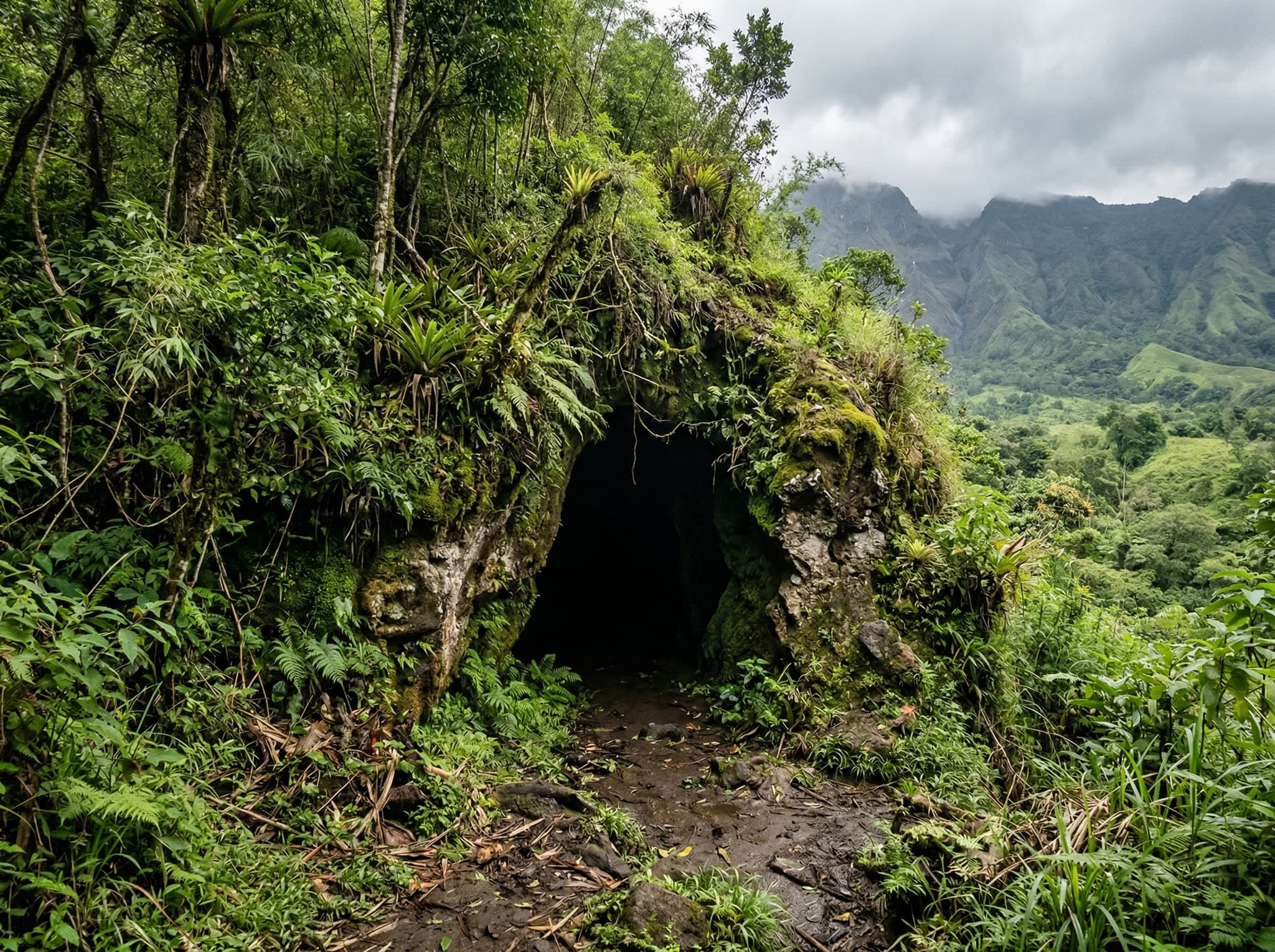 A natural cave entrance set into a hillside in the Sembalun highlands of East Lombok — illustrating the undeveloped, unmarked character of Payung Cave that the article describes: no signage, no ticket booth, just rock and vegetation.