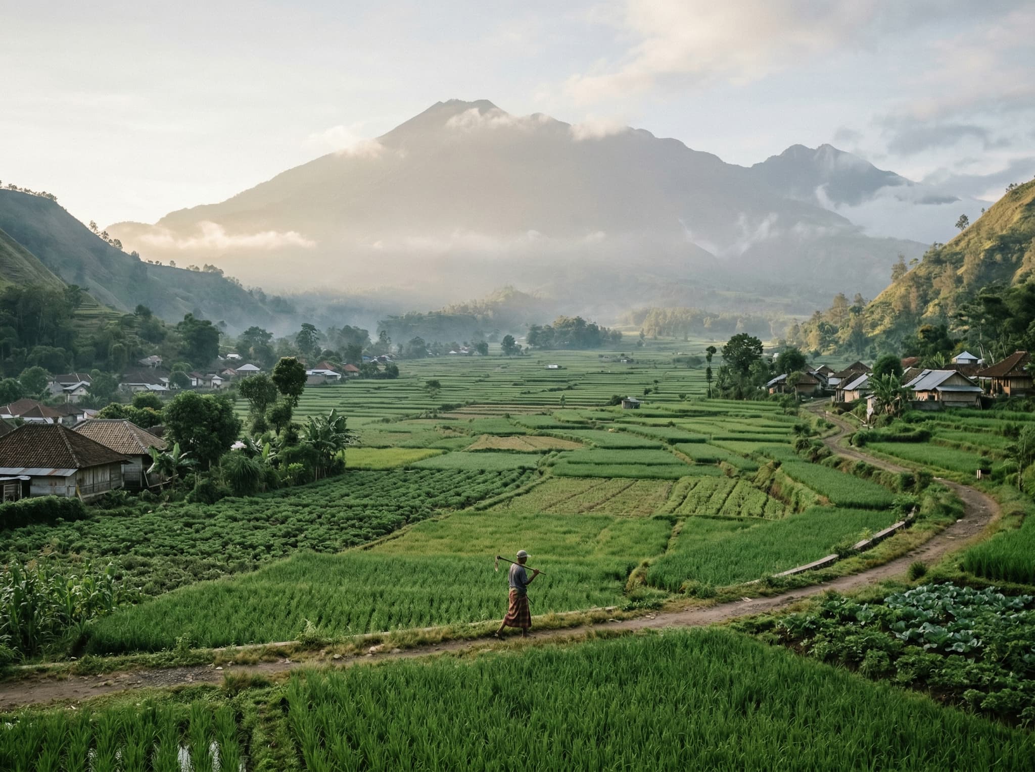 Sembalun Village's valley floor with rice fields and Rinjani in the background on a quiet morning — representing the broader appeal of the Sembalun area that the article recommends as context for a Payung Cave visit, especially for travelers already based there for a Rinjani trek.