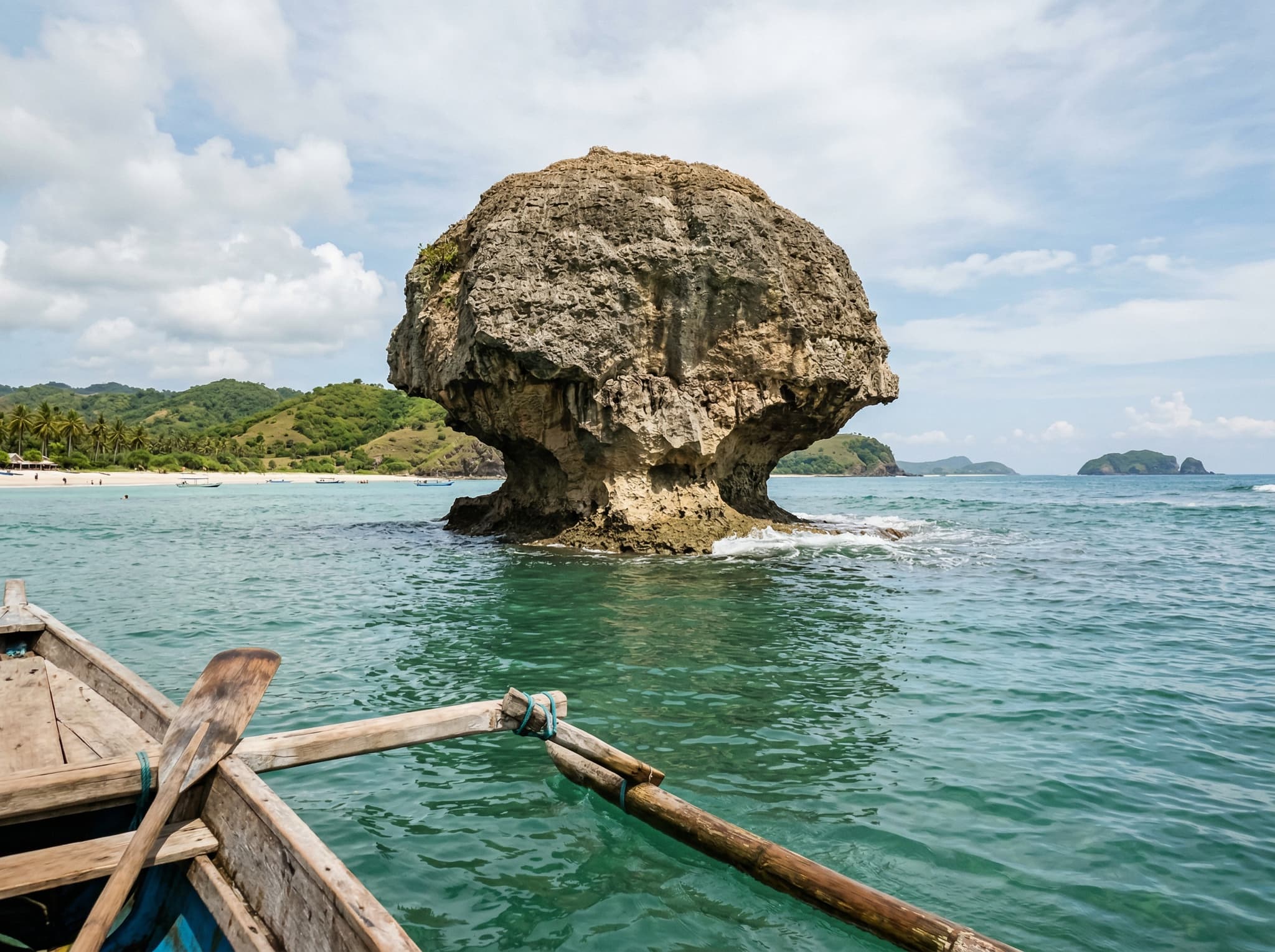 Batu Payung coastal rock formation near Tanjung Aan Beach in south-central Lombok — visually distinguishing this famous coastal landmark from the inland Payung Cave, directly supporting the article's dedicated section clarifying the naming confusion between the two.