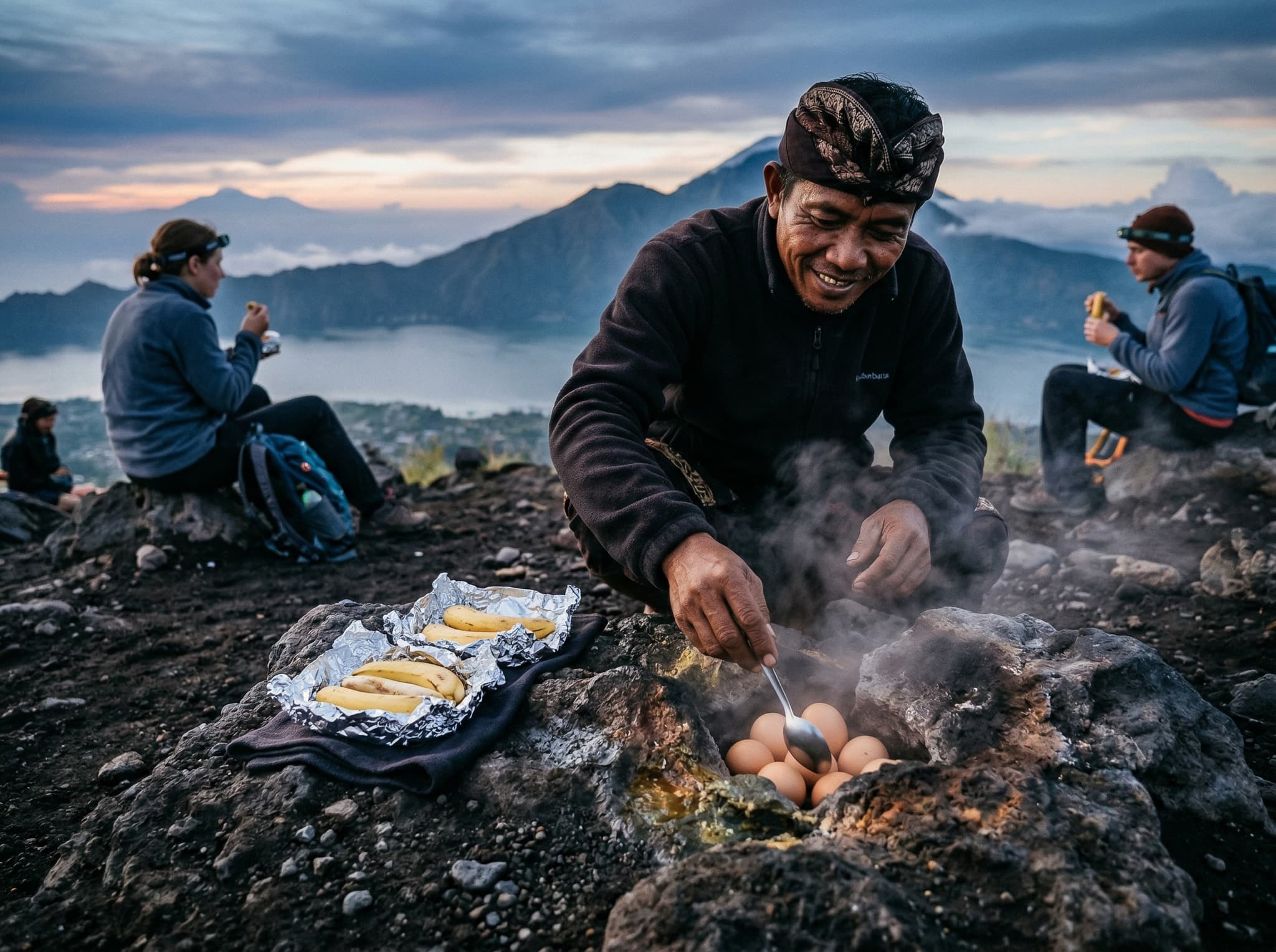 Summit breakfast on Mount Batur — hard-boiled eggs being cooked in volcanic steam vents, a guide preparing food in the early morning light, illustrating the unique ritual that awaits trekkers at the top