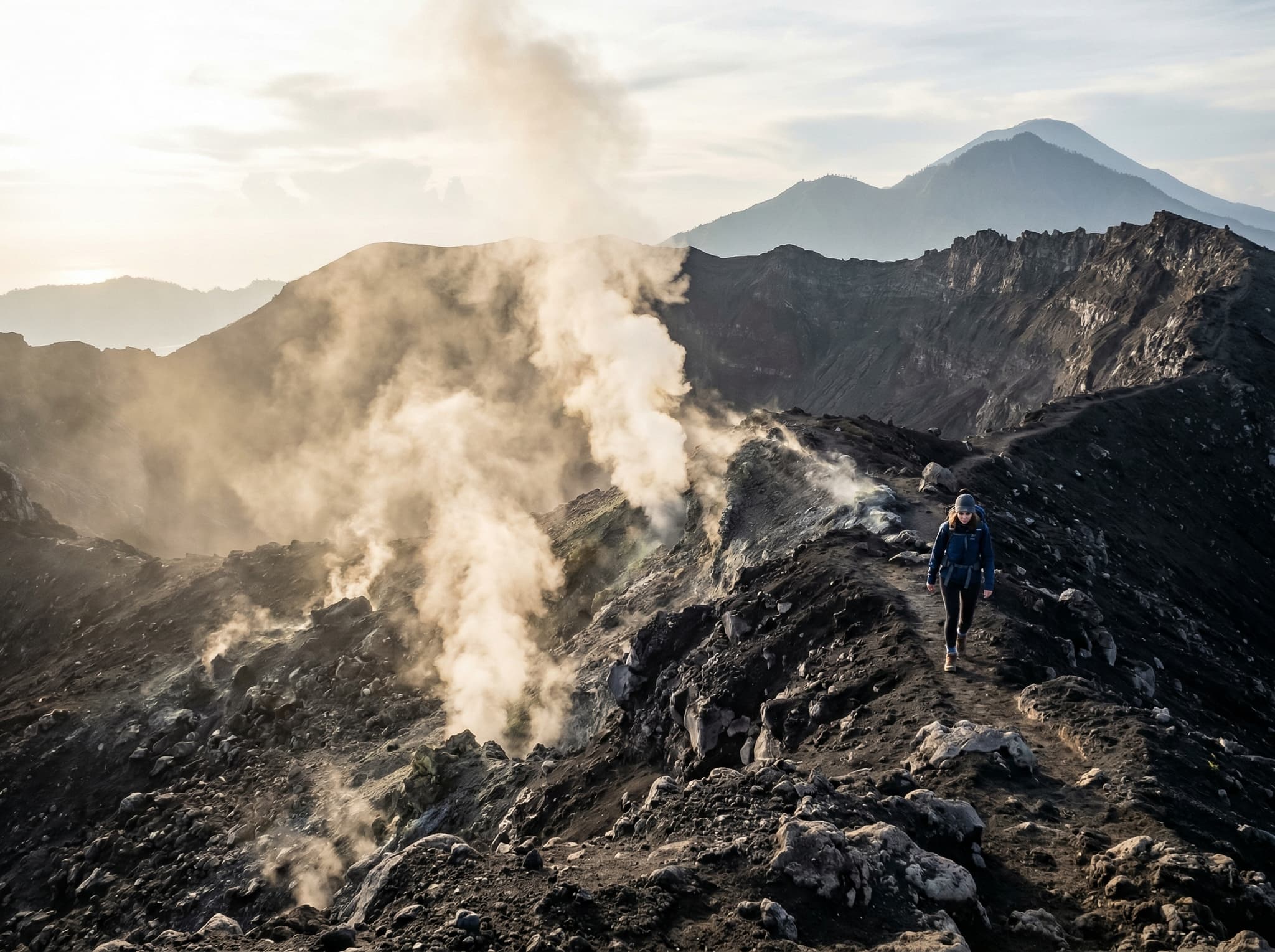 Volcanic steam vents and fumarolic activity near the crater of Mount Batur, illustrating the active geothermal nature of the volcano and the permanent exclusion zone around the 1994 Kawah crater