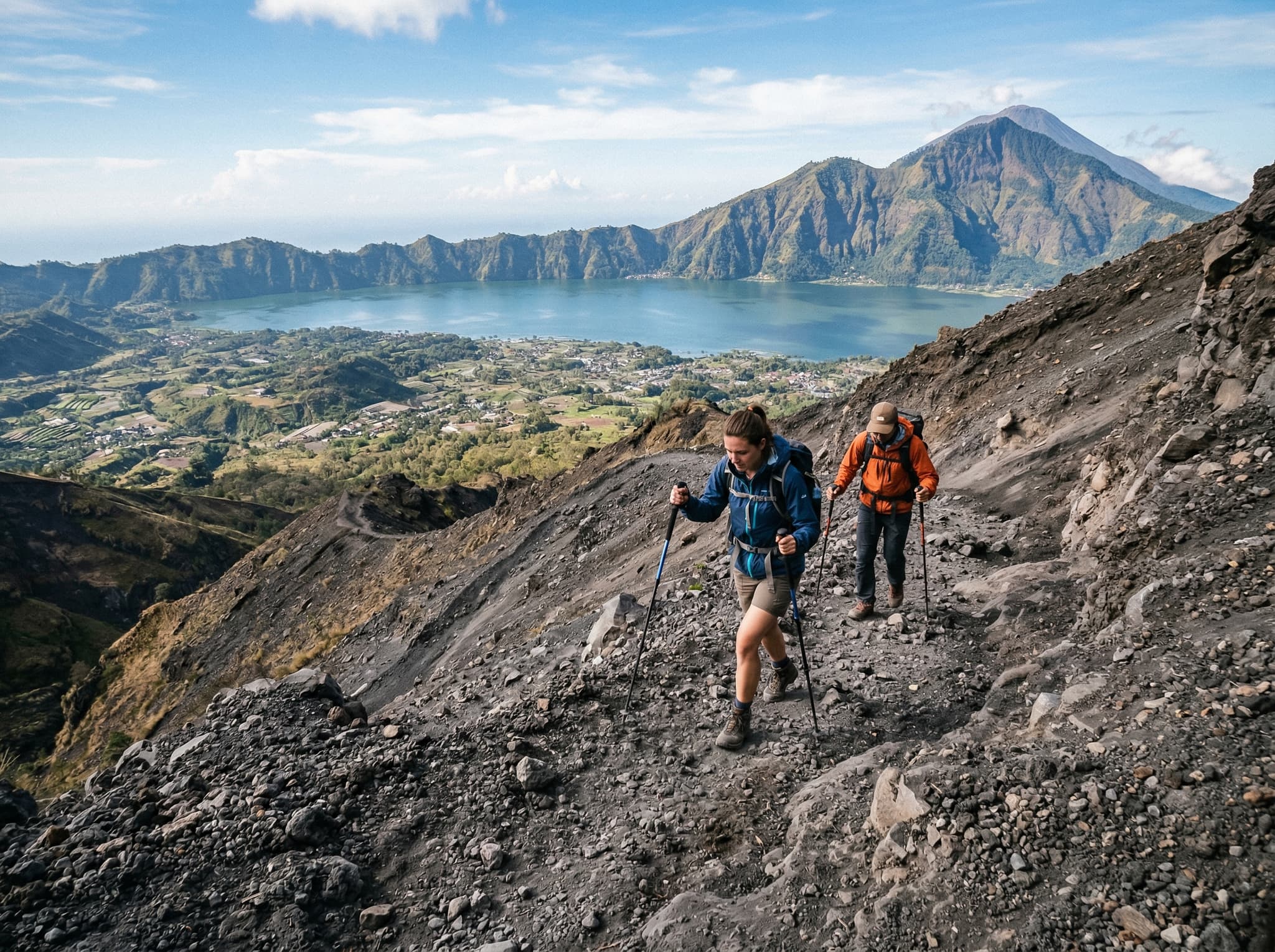 Trekkers descending Mount Batur's loose gravel slopes in morning daylight after sunrise, showing the challenging downhill terrain that demands attention — relevant to the article's warning about knee strain on descent
