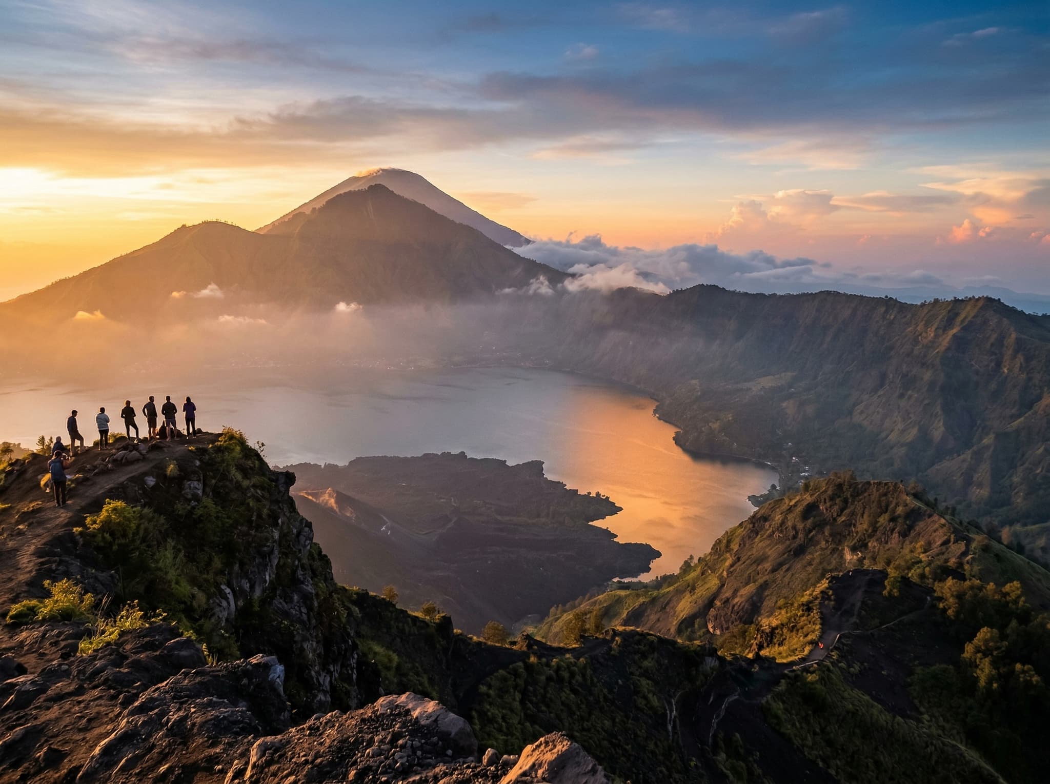 Panoramic view of Lake Batur and the volcanic caldera from the summit of Mount Batur at sunrise, with golden morning light spreading across the caldera lake — the reward that justifies the 1:30 AM alarm