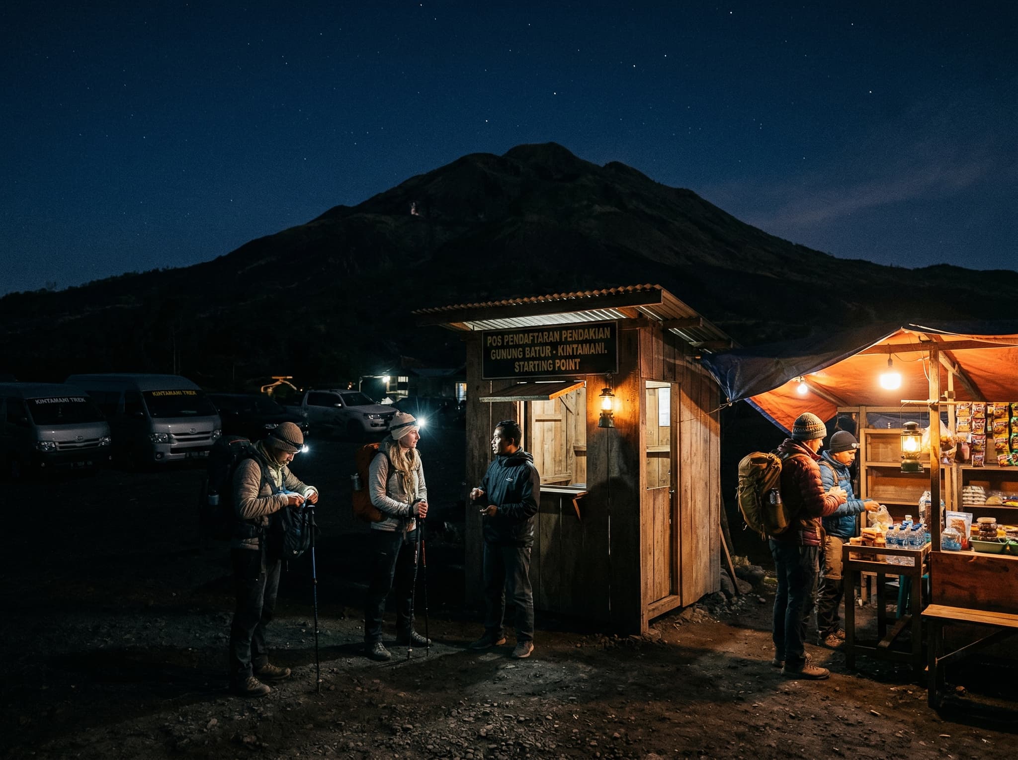 The Kintamani region landscape showing the volcanic terrain of Mount Batur's trailhead area at night or early morning, with the dark mountain mass rising above — setting the scene for the 3:30 AM trailhead start