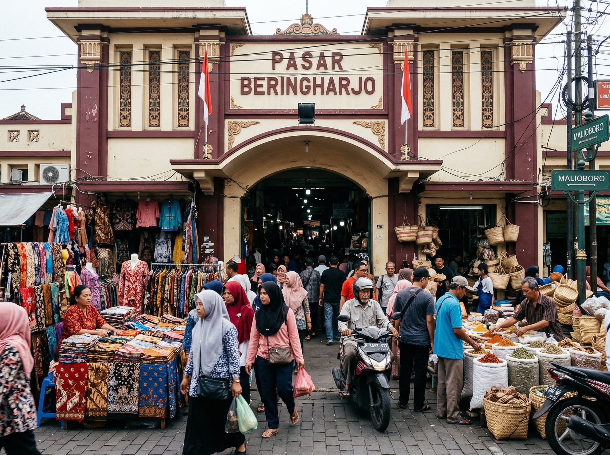 Pasar Beringharjo market entrance, Yogyakarta — the bustling multi-level traditional market at the southern end of Malioboro, with vendors selling batik, spices, and jamu visible through the arched colonial facade, anchoring the street's commercial southern end
