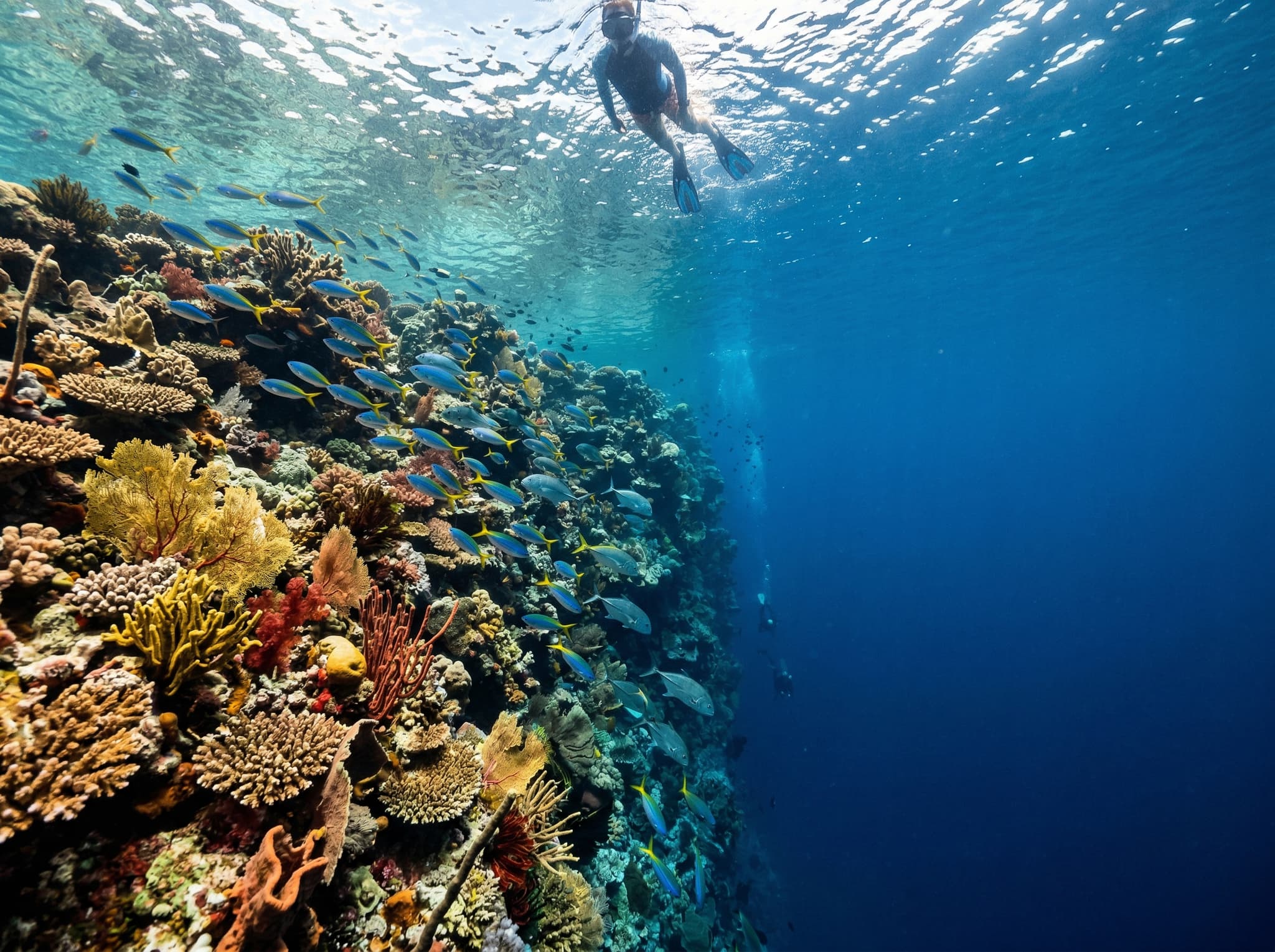 Underwater view from a snorkeler's perspective looking down along a shallow reef wall in Raja Ampat, with reef fish, coral sponges, and blue water depth visible below — representing the Cape Kri wall snorkeling experience described in the article