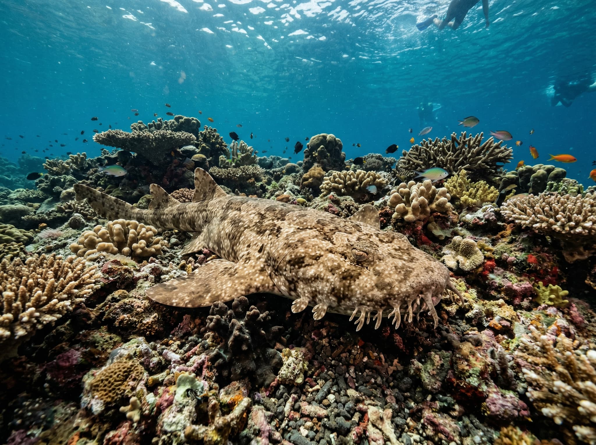 Close underwater view of a wobbegong shark resting flat on a shallow coral reef, its camouflaged carpet-like body blending with the reef texture — illustrating the article's description of wobbegong shark sightings at Aljui Channel as a rare highlight accessible to snorkelers