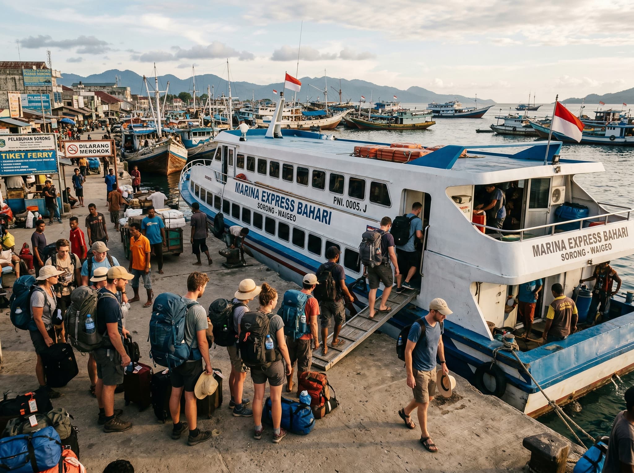The Sorong ferry terminal with the Marina Express Bahari ferry docked, passengers boarding or disembarking, with Raja Ampat-bound travelers visible — illustrating the logistics section on the Sorong-to-Waisai crossing that every visitor must navigate