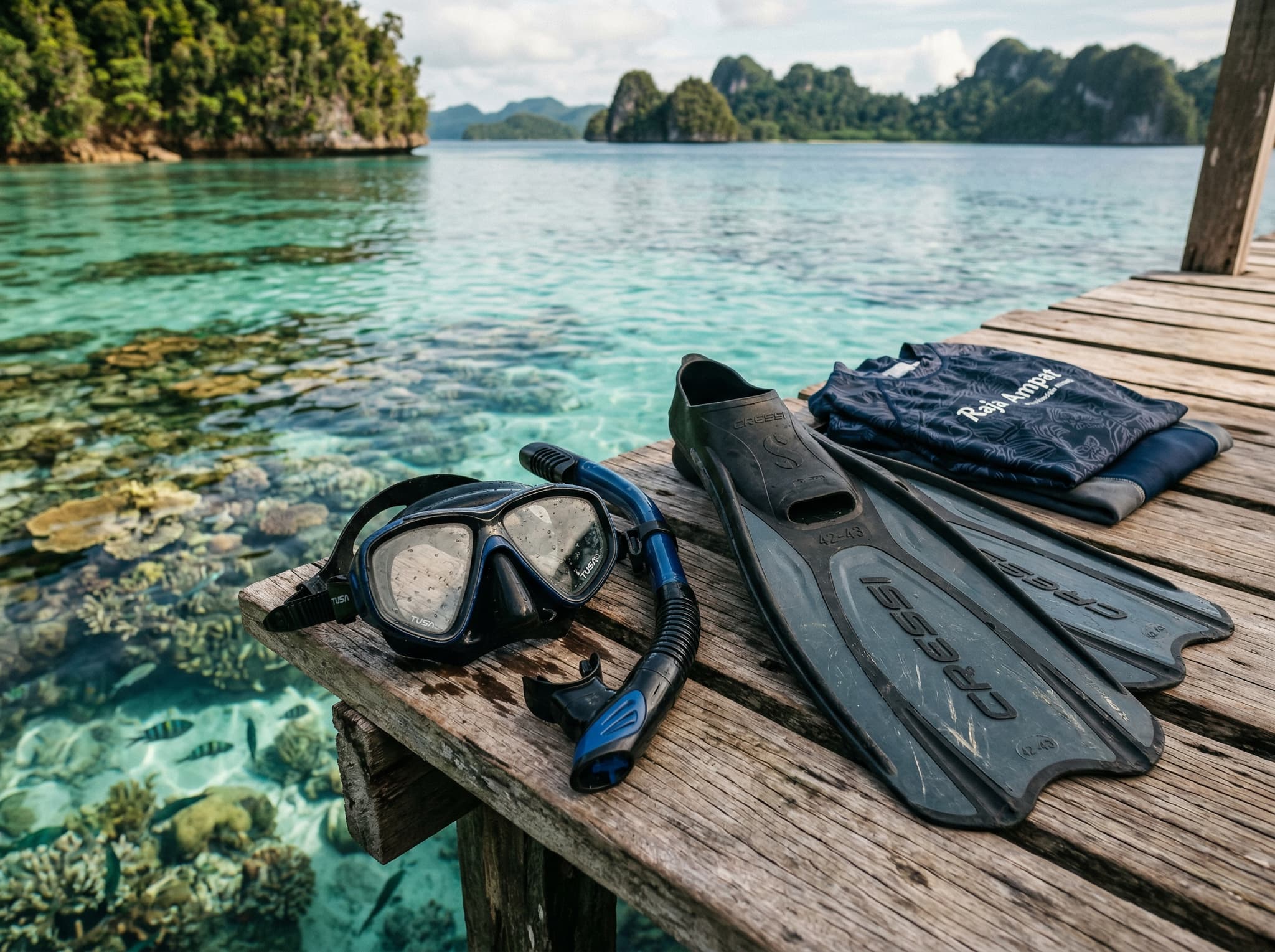 A snorkeler's mask, snorkel, and fins laid out on a wooden resort jetty or boat deck in Raja Ampat, with turquoise reef water visible below — illustrating the gear section's advice to bring your own equipment for a multi-day snorkeling trip